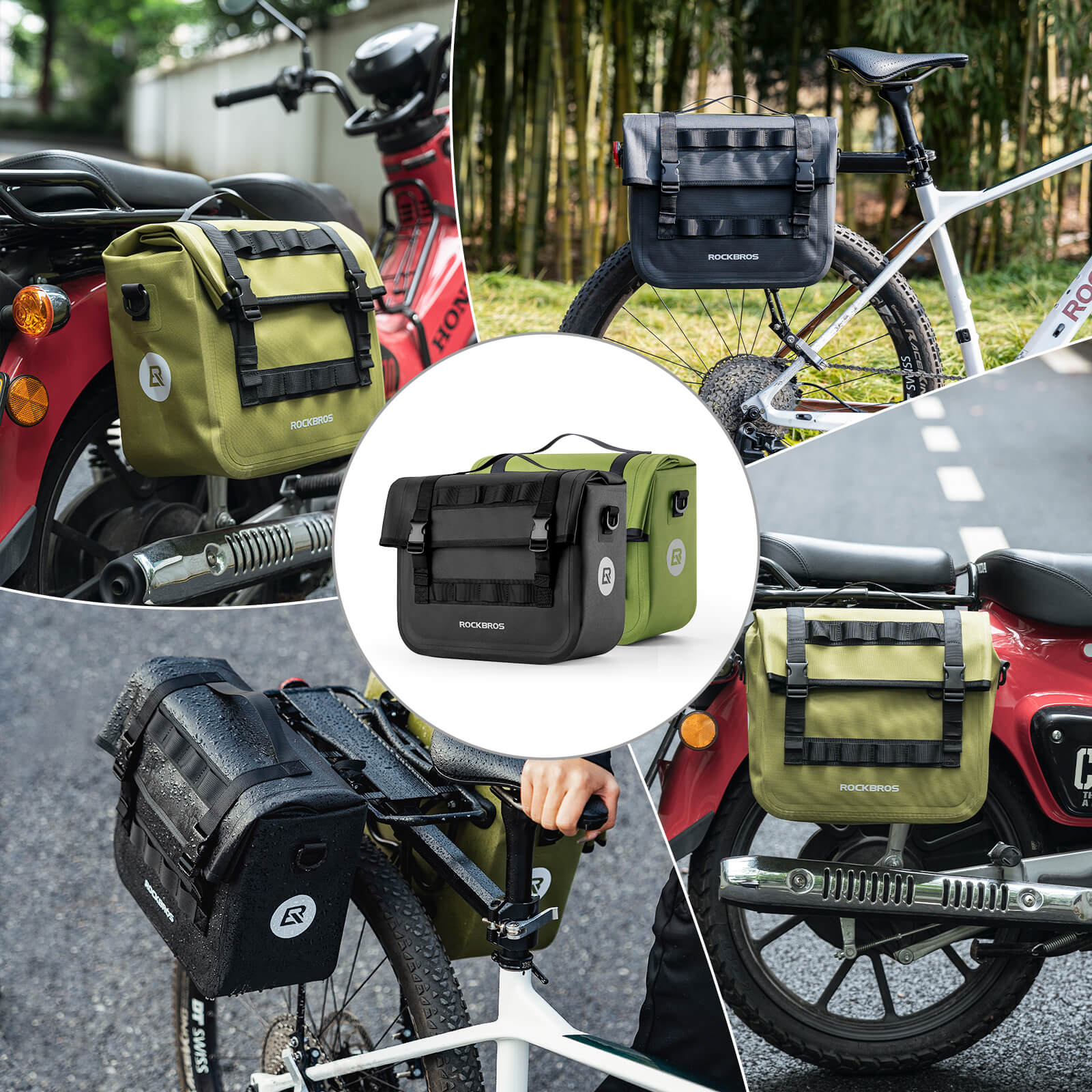 ROCKBROS large capacity bike pannier rear rack bag, waterproof design with reflective strips for safe night cycling.