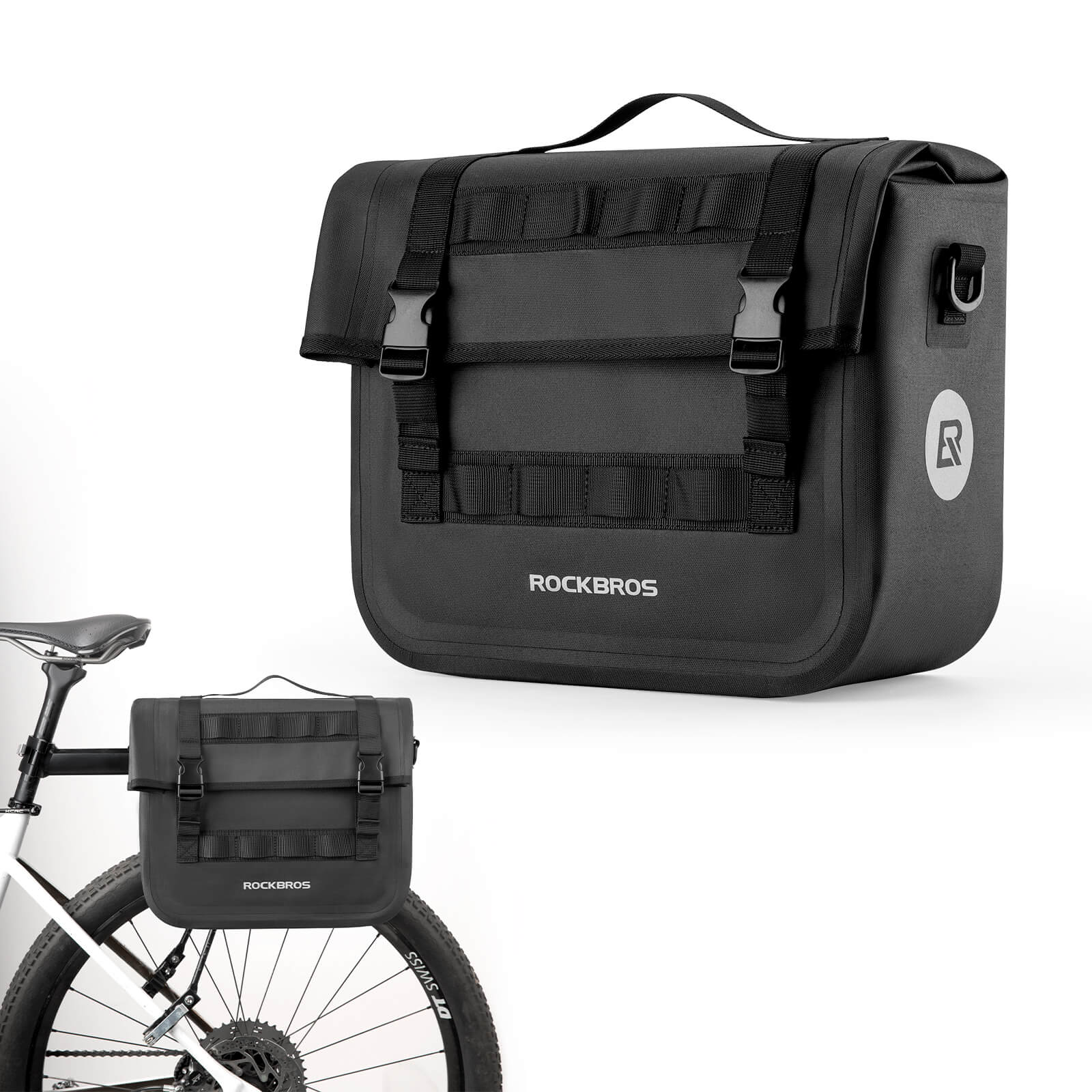 ROCKBROS large capacity bike pannier rear rack bag, waterproof design with reflective strips for safe night cycling.
#Color_Black
