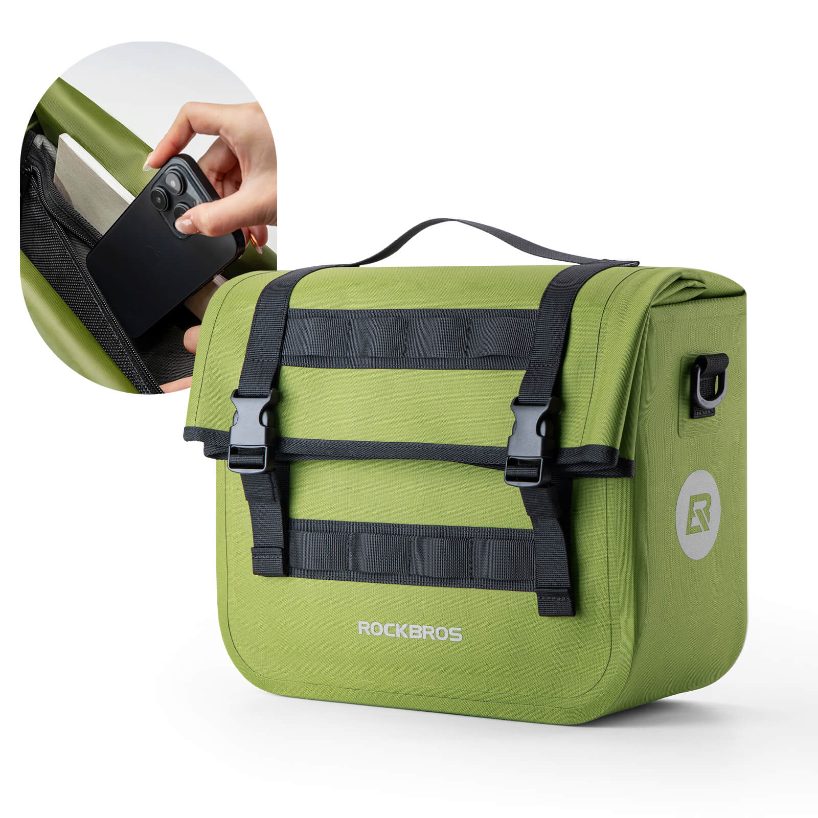 ROCKBROS large capacity bike pannier rear rack bag, waterproof design with reflective strips for safe night cycling.