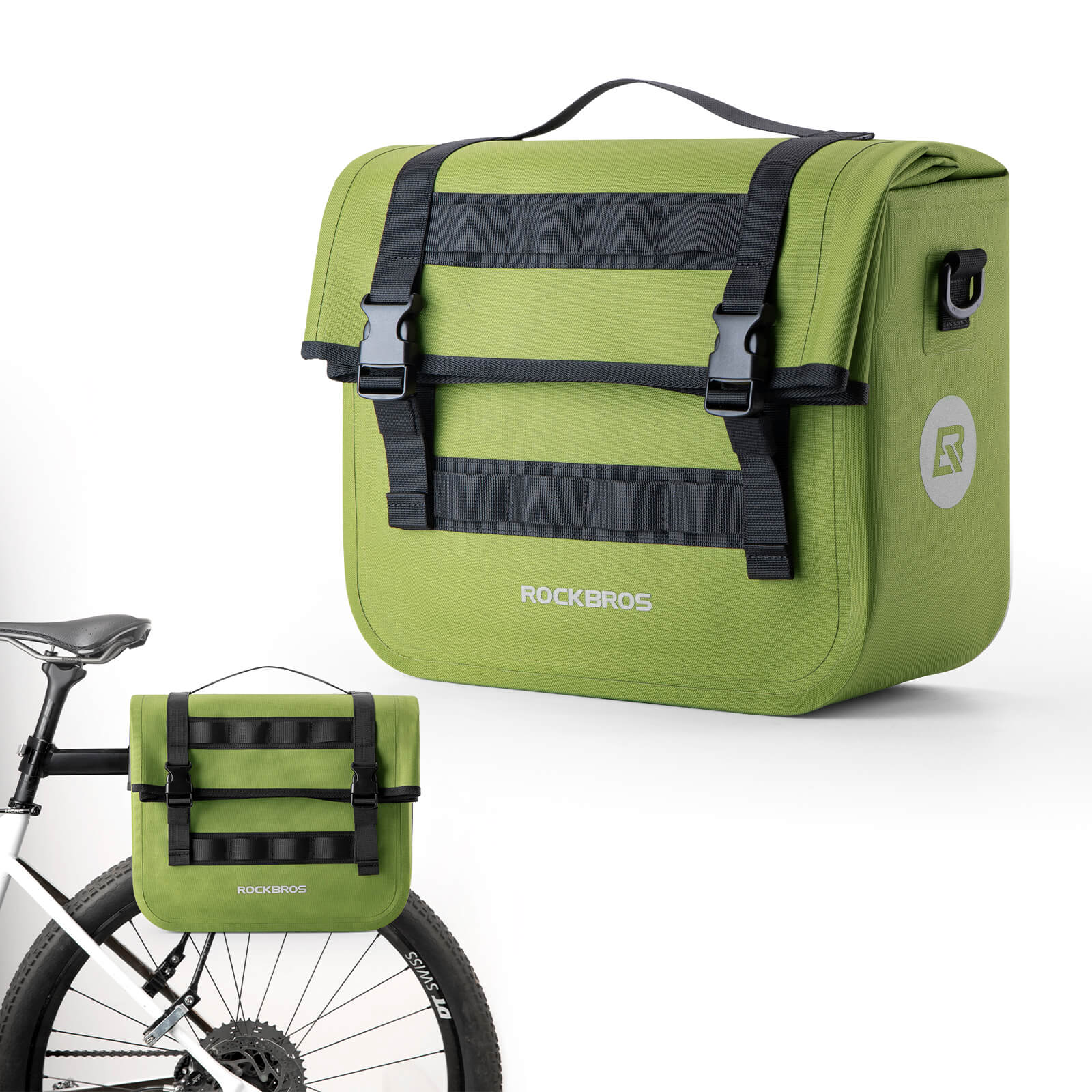 ROCKBROS large capacity bike pannier rear rack bag, waterproof design with reflective strips for safe night cycling.
#Color_Green