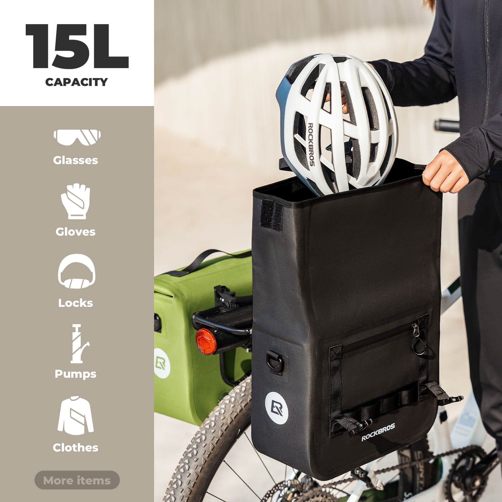 ROCKBROS large capacity bike pannier rear rack bag, waterproof design with reflective strips for safe night cycling.