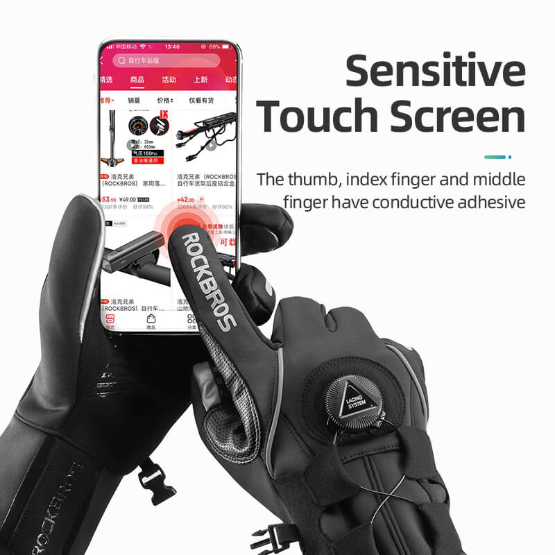 ROCKBROS long finger gloves with fleece lining and lock clip for winter riding