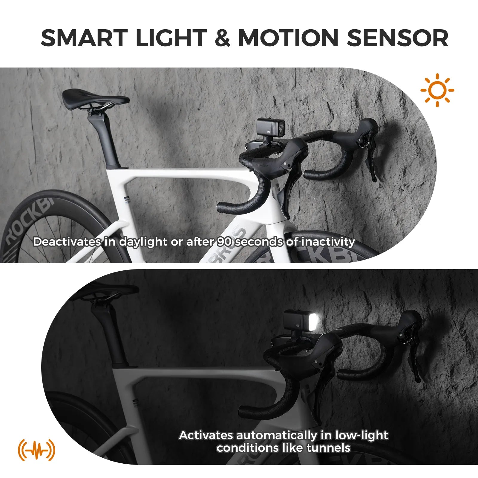 ROCKBROS M6 smart bike front light with anti-glare lens, 1000 lumen output, and USB-C rechargeable battery