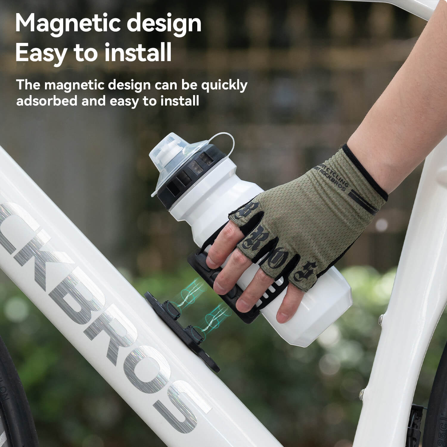 ROCKBROS magnetic bike bottle holder with strap and magnetic mount design for secure cycling hydration.