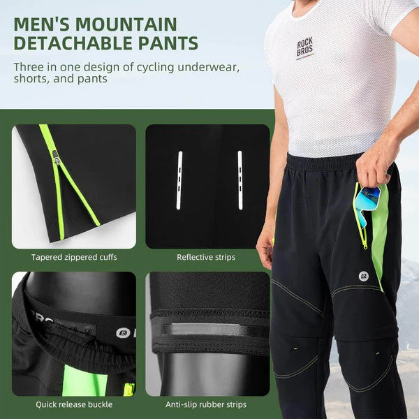 ROCKBROS men’s 3-in-1 convertible cycling pants with detachable shorts and padded liner for biking