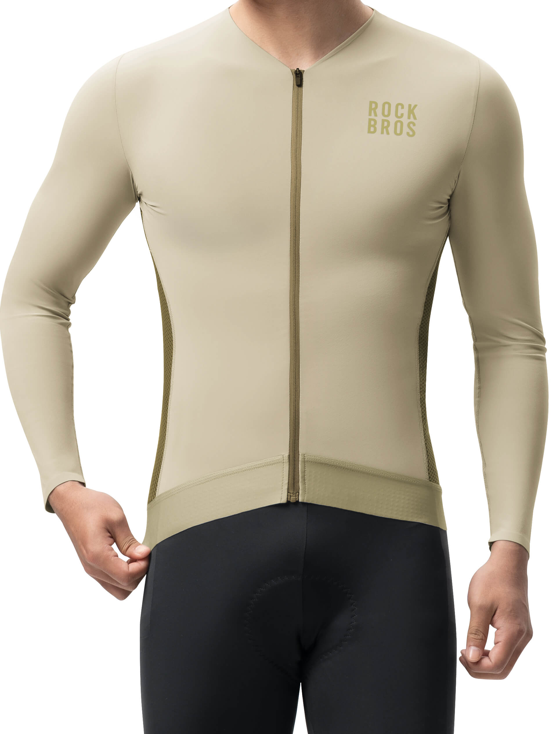 ROCKBROS men's colorblock long sleeve cycling jersey with breathable fabric and reflective details
#Color_Brown