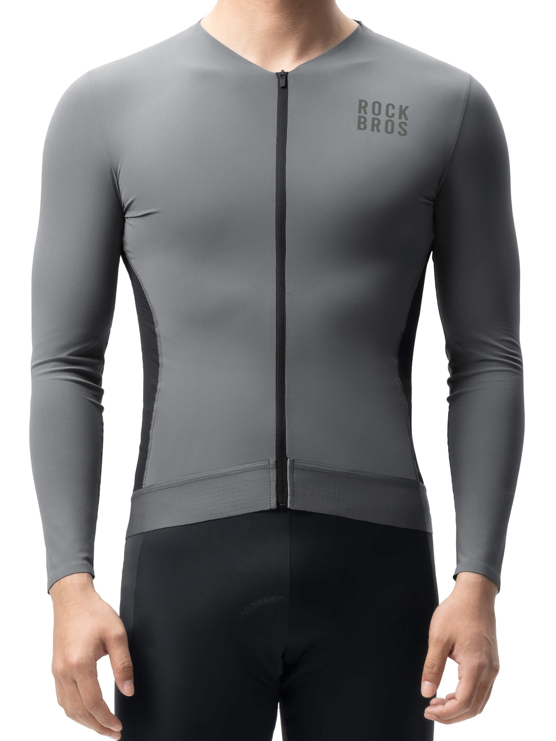 ROCKBROS men's colorblock long sleeve cycling jersey with breathable fabric and reflective details
#Color_Gray