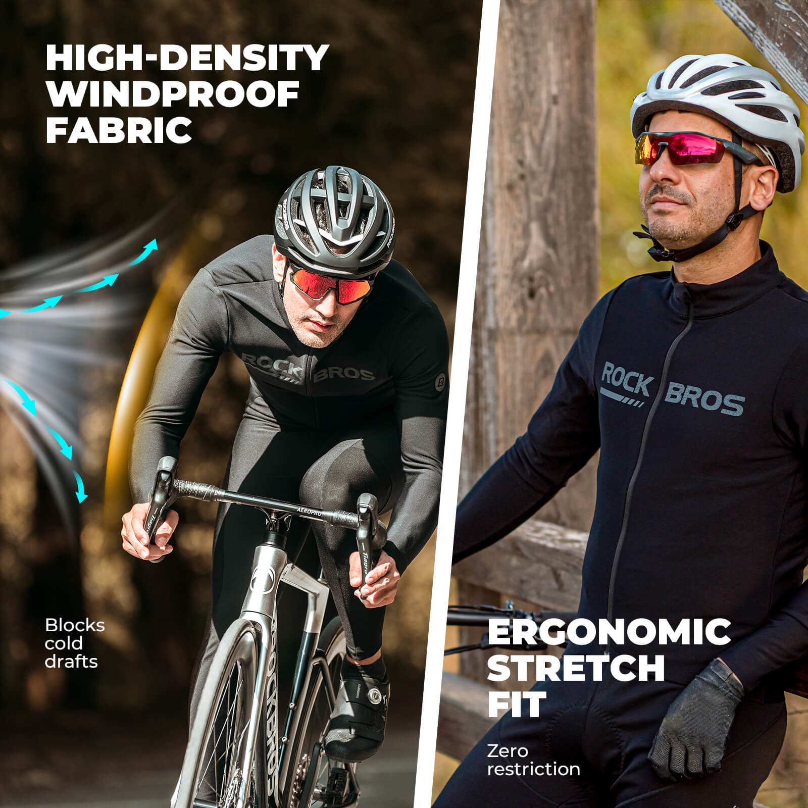 ROCKBROS Men's Long-Sleeve Thermal Cycling Jersey for cold weather with fleece lining and reflective accents