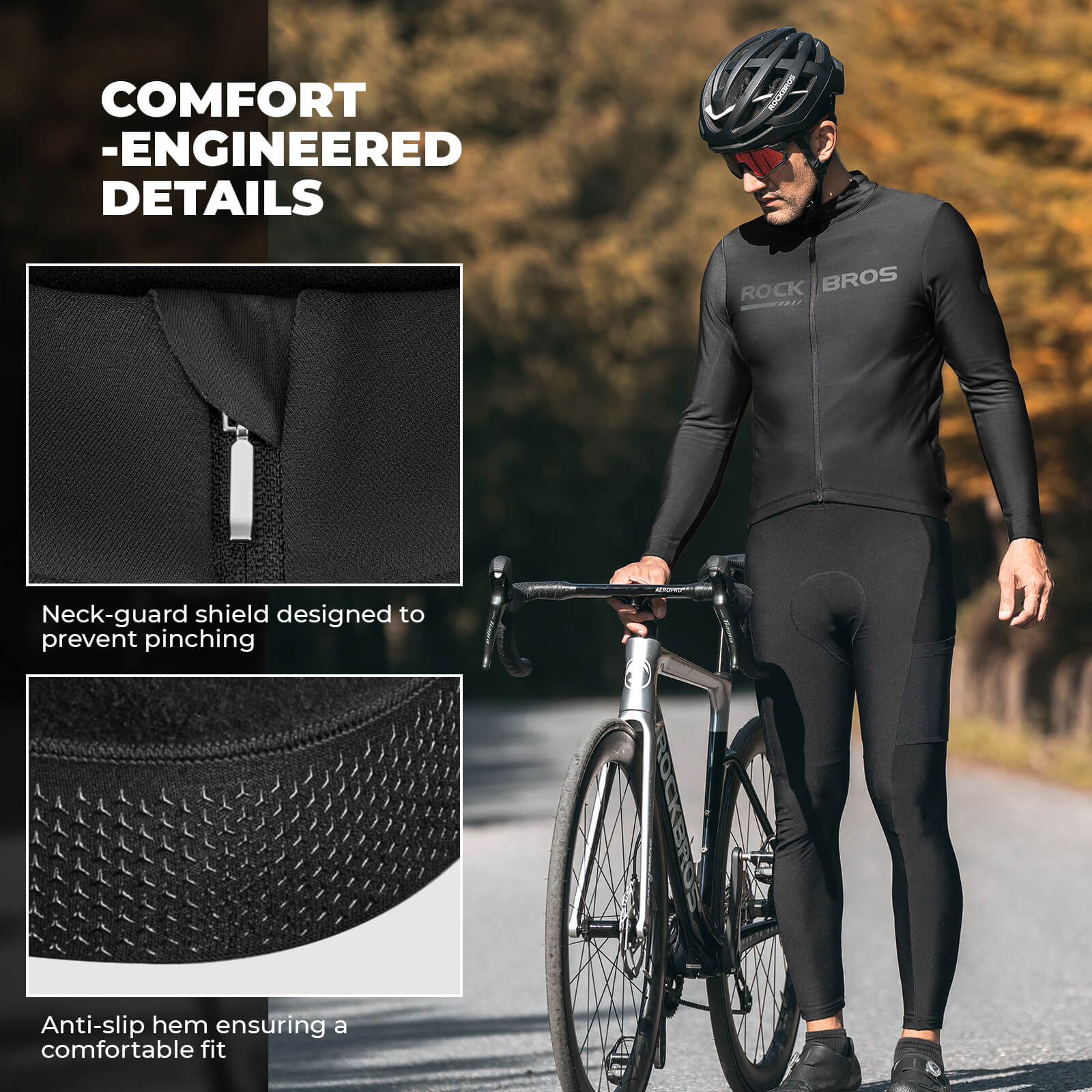 ROCKBROS Men's Long-Sleeve Thermal Cycling Jersey for cold weather with fleece lining and reflective accents