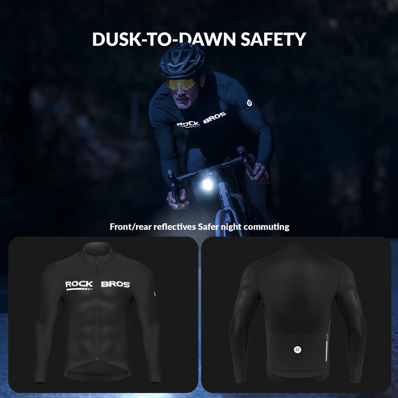 ROCKBROS Men's Long-Sleeve Thermal Cycling Jersey for cold weather with fleece lining and reflective accents