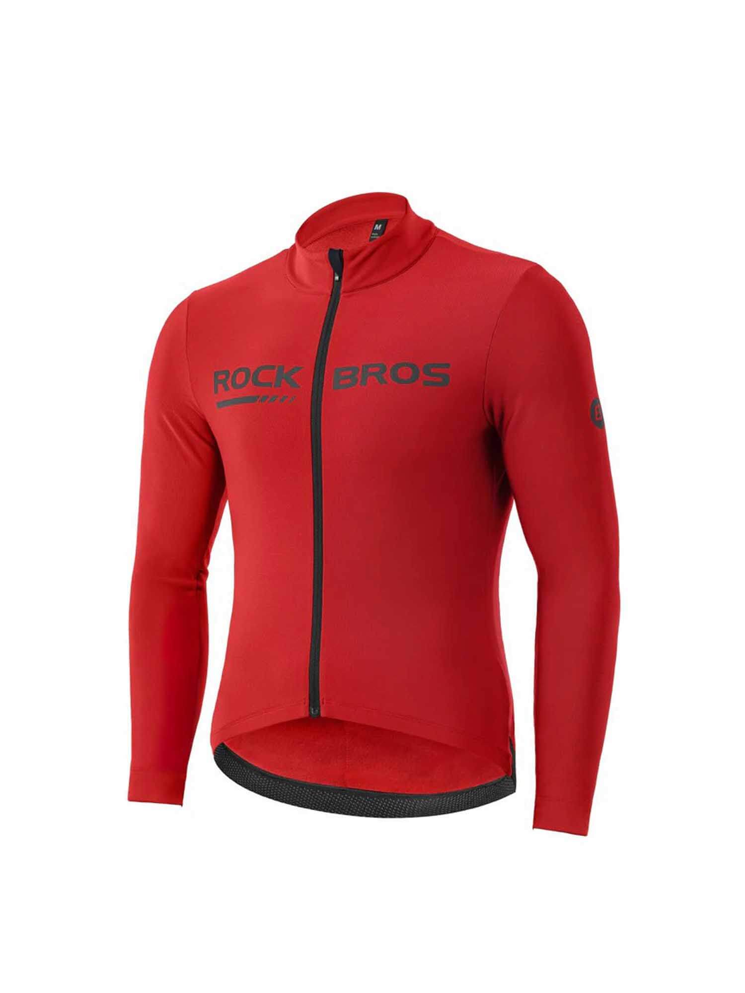 ROCKBROS Men's Long-Sleeve Thermal Cycling Jersey for cold weather with fleece lining and reflective accents
#Color_Red