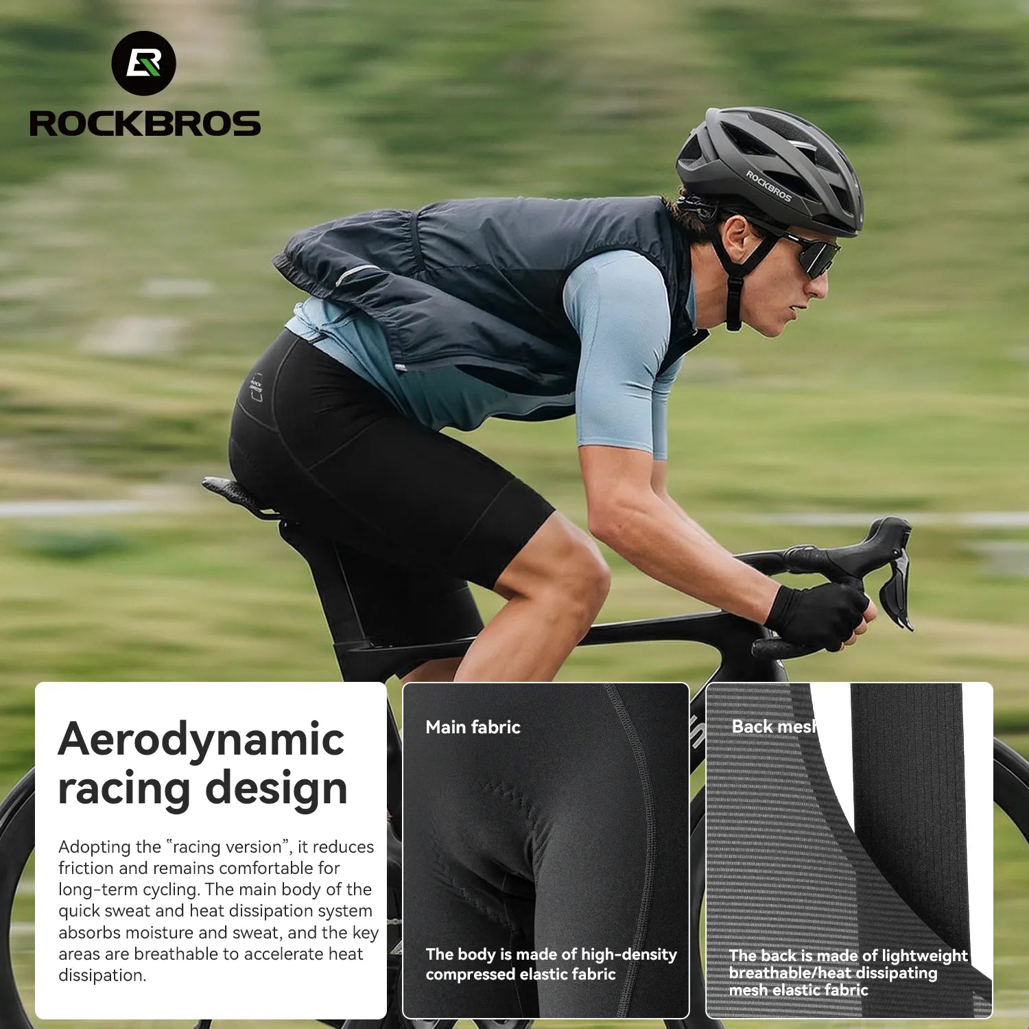 ROCKBROS Men's QINGLAN summer cycling bib shorts with Elastic Interface® Italian chamois and breathable race-fit design