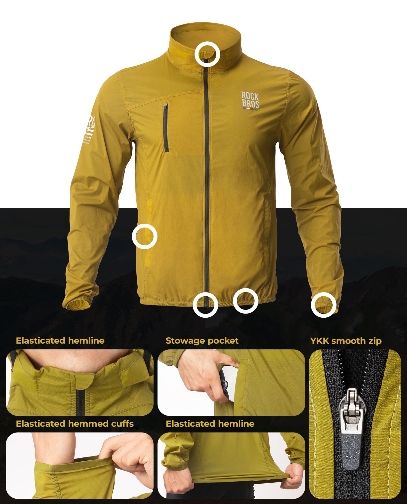 ROCKBROS men's cycling windbreaker with smooth YKK zipper and storage pocket