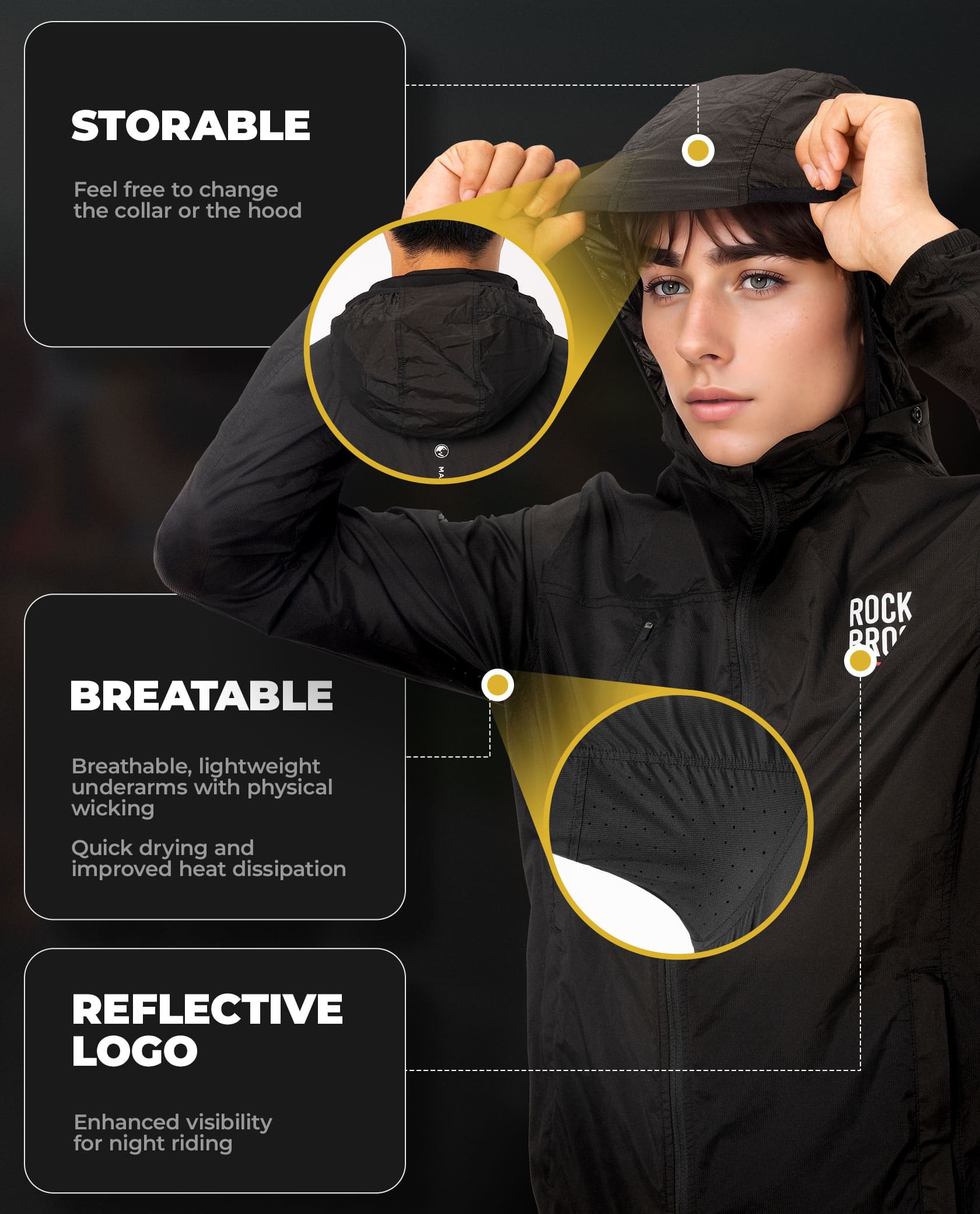 ROCKBROS men's reflective cycling jacket with stowable hood and high-visibility details