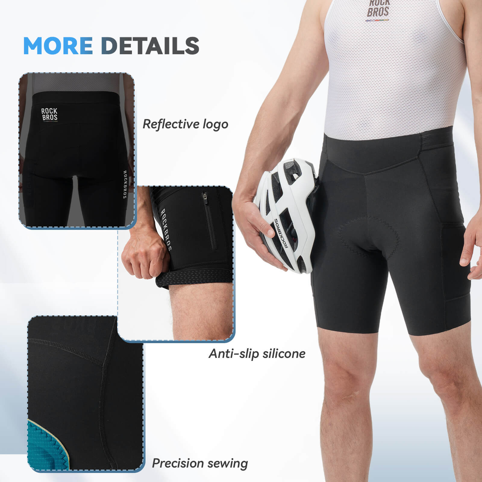 ROCKBROS Cycling shorts with reflective logo, anti-slip silicone, and precision sewing details.