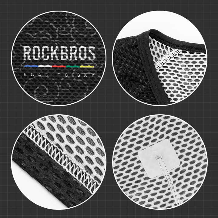 Close-up of black mesh fabric with 'Rockbros'