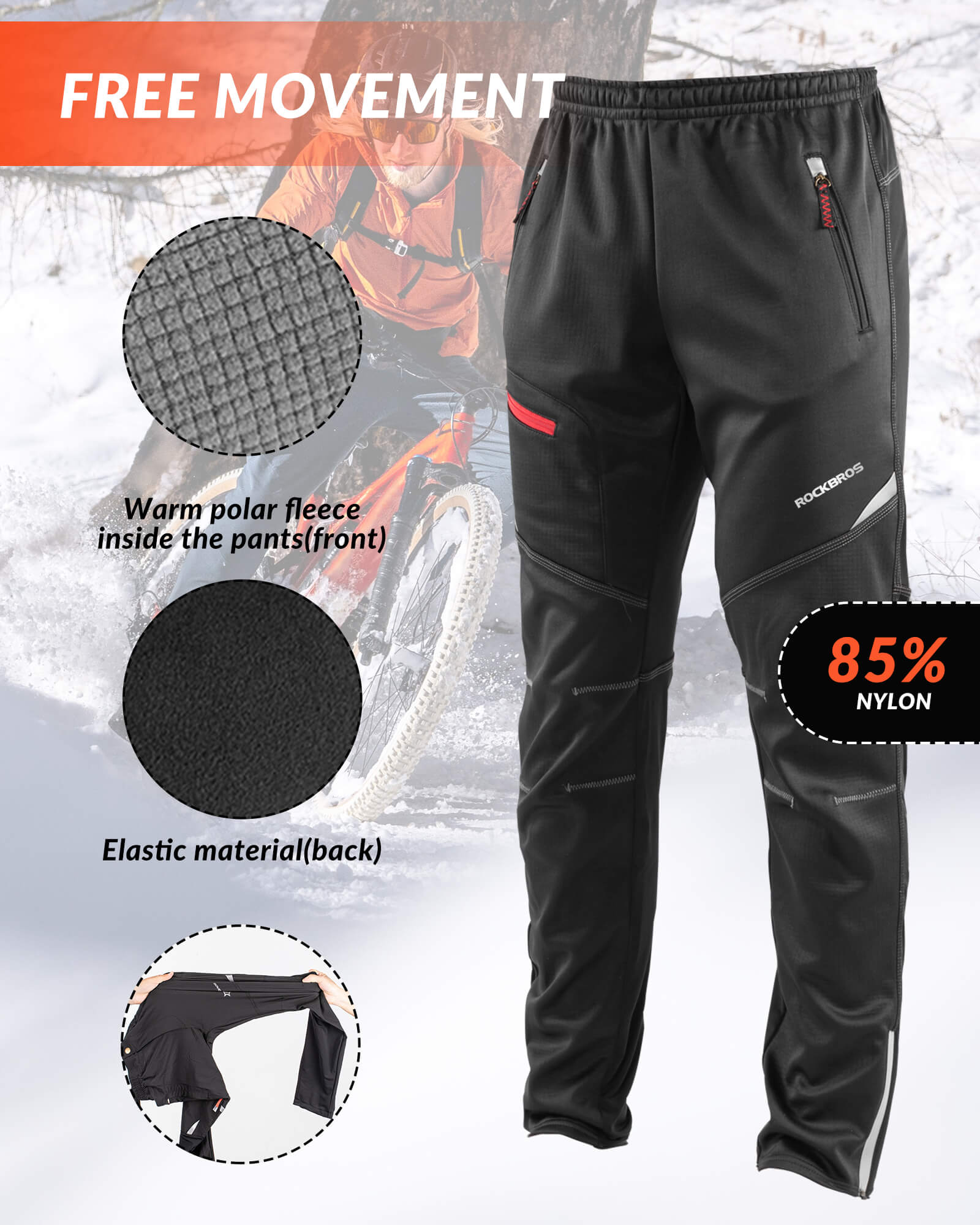 ROCKBROS men's thermal fleece windproof cycling pants for cold-weather rides