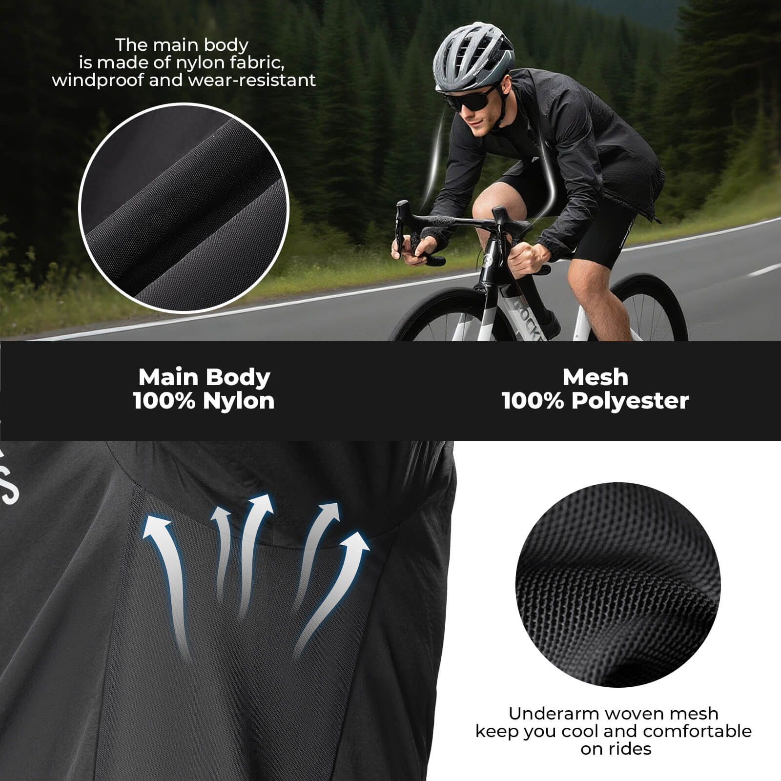 Cyclist on a road with text about jacket material and features