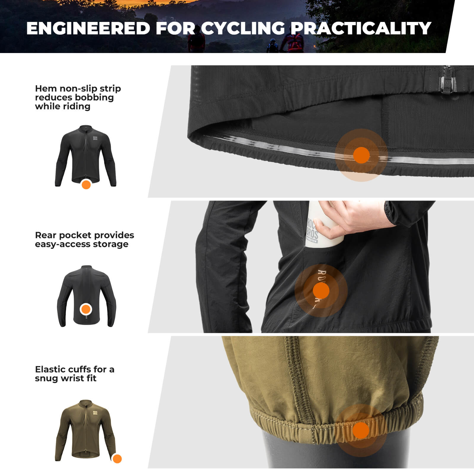 Cycling jacket features with text highlighting practical design elements on a white background.