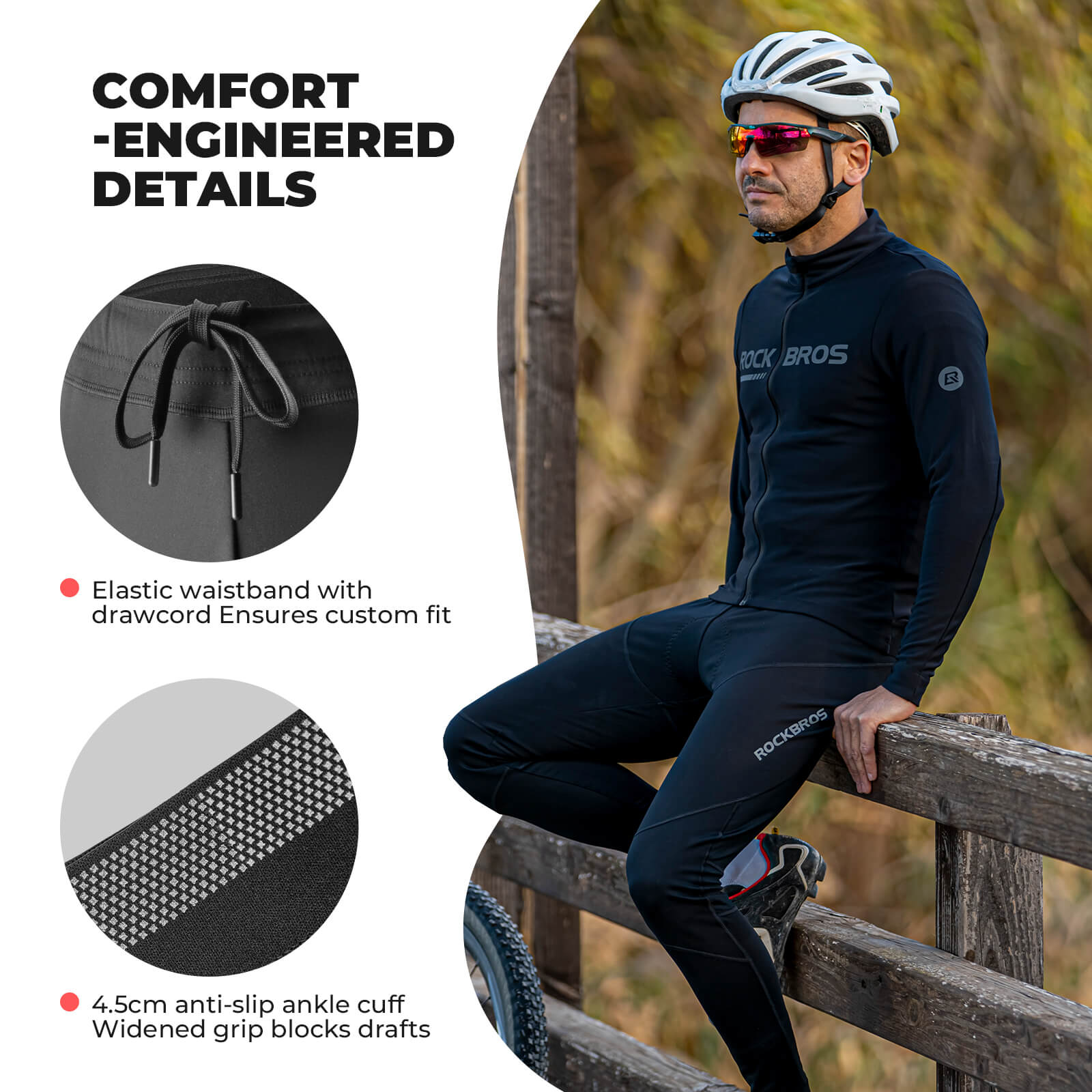 ROCKBROS Men's Winter Cycling Tights with Thermal Fleece and 4D Padded Seat for Cold Weather Riding