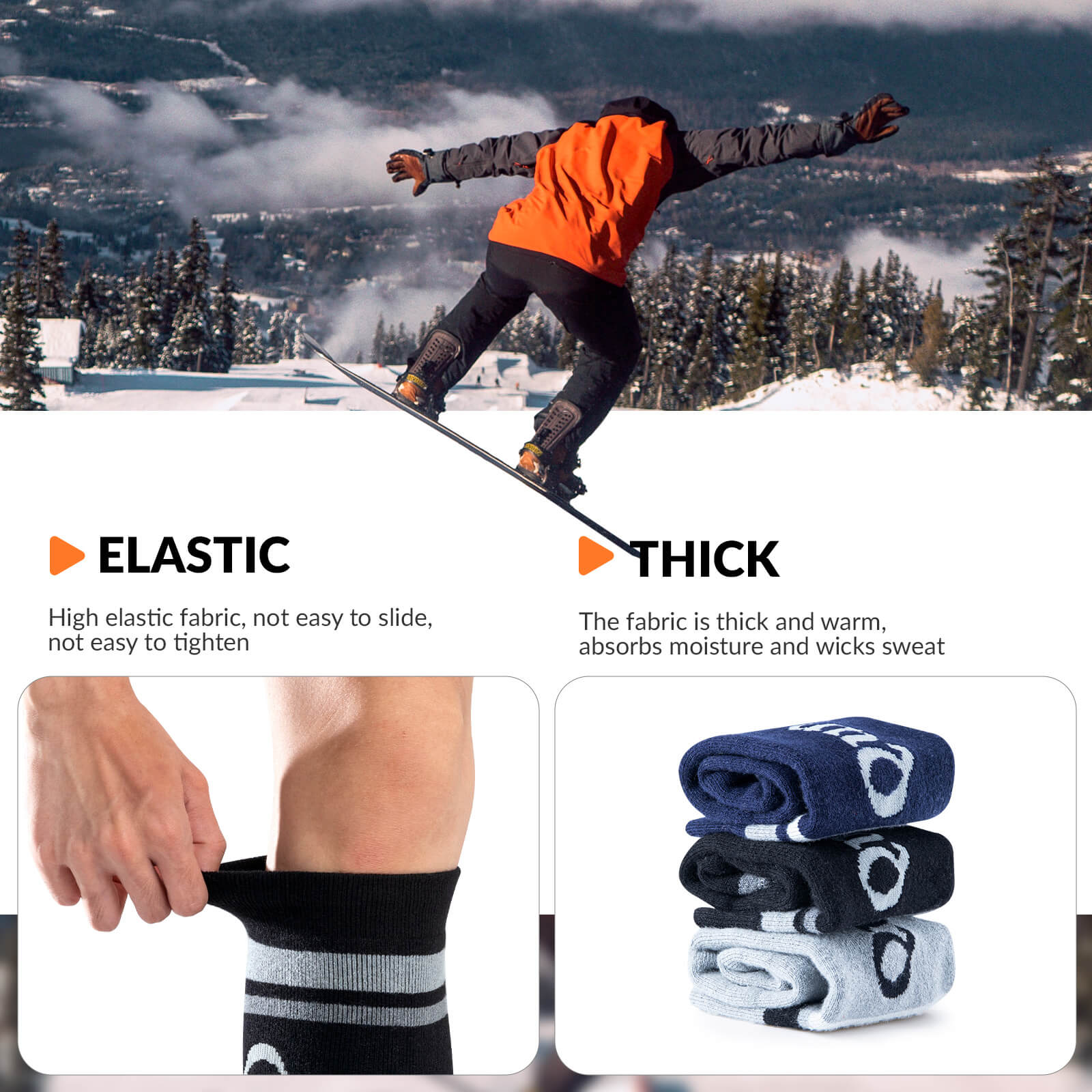 ROCKBROS Merino Wool Ski Socks - Breathable Thermal Snowboard Socks for Men and Women
#Color_Black