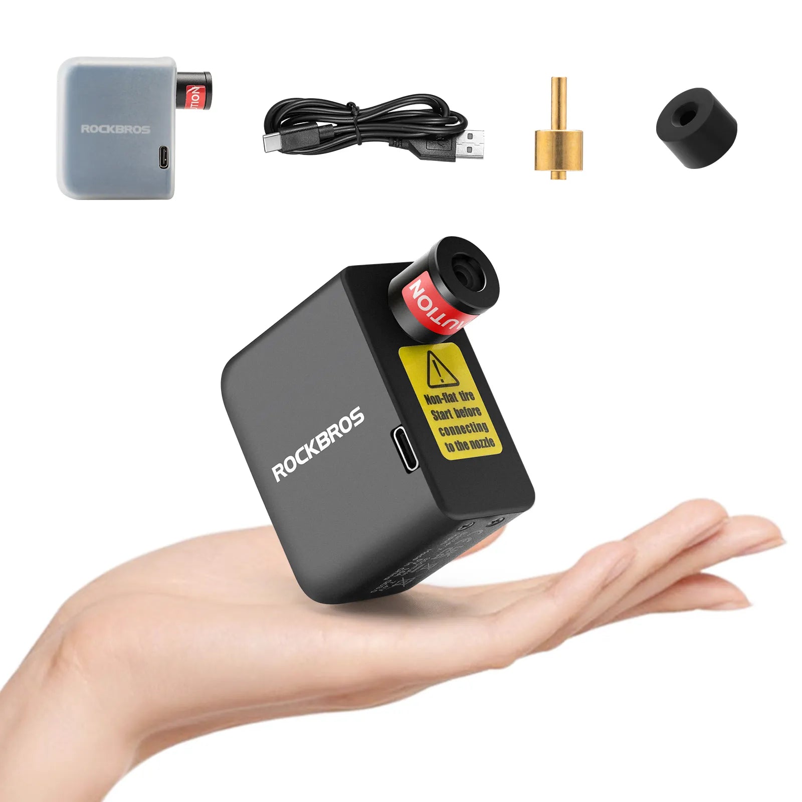 ROCKBROS mini electric bike pump with 100 PSI pressure and Presta Schrader valve compatibility