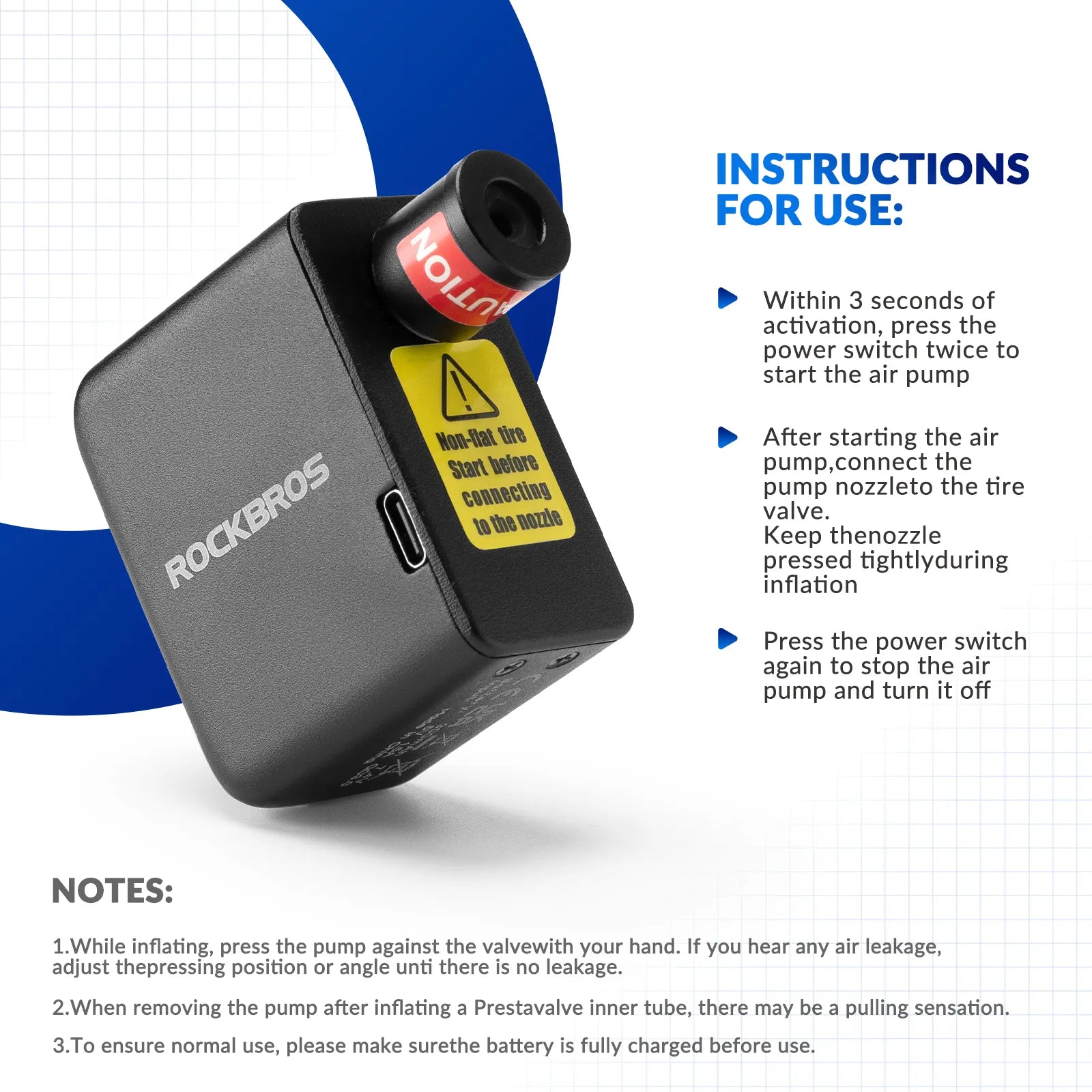 ROCKBROS mini electric bike pump with 100 PSI pressure and Presta Schrader valve compatibility