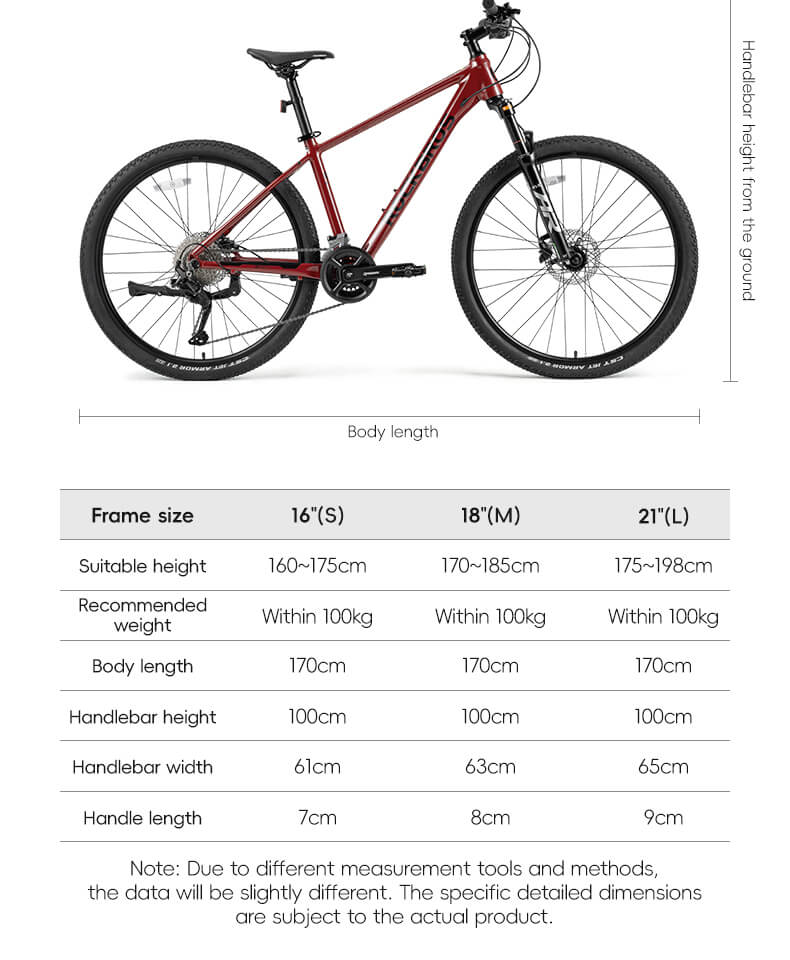 MT300 mountain bike with size chart