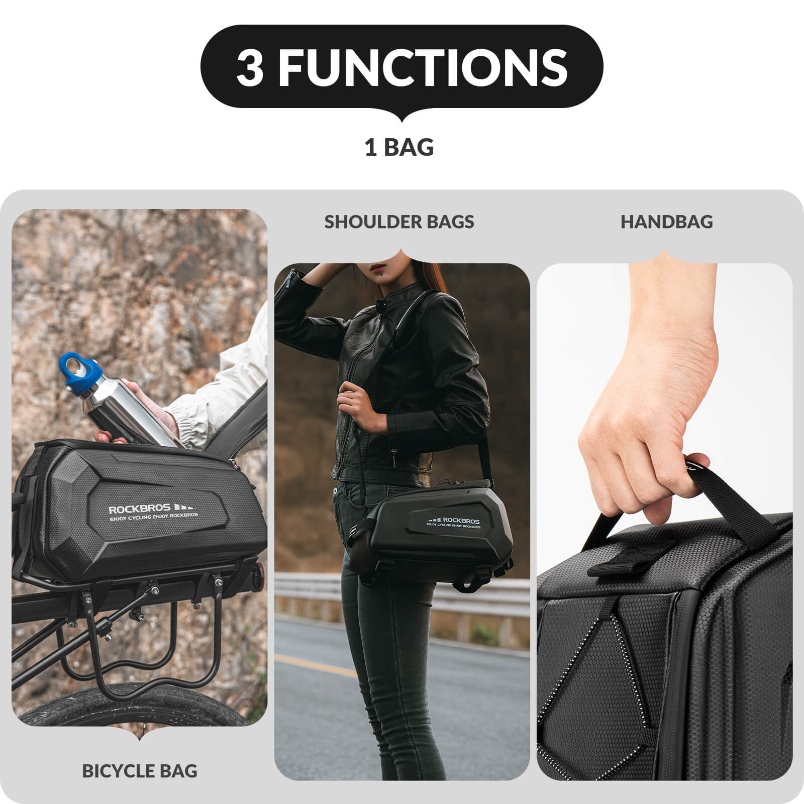 ROCKBROS multifunctional bike trunk bag used as shoulder bag for commuting, travel, or outdoor activities.