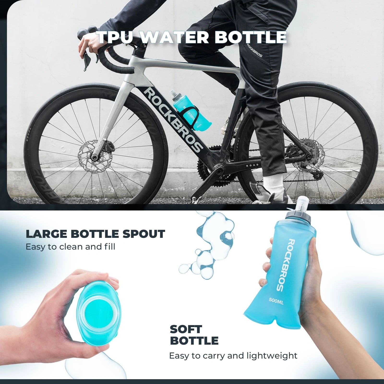 ROCKBROS 500ml Outdoor Soft Water Bottle with Soft TPU Body and Dust-Proof Cap for Cycling and Hiking