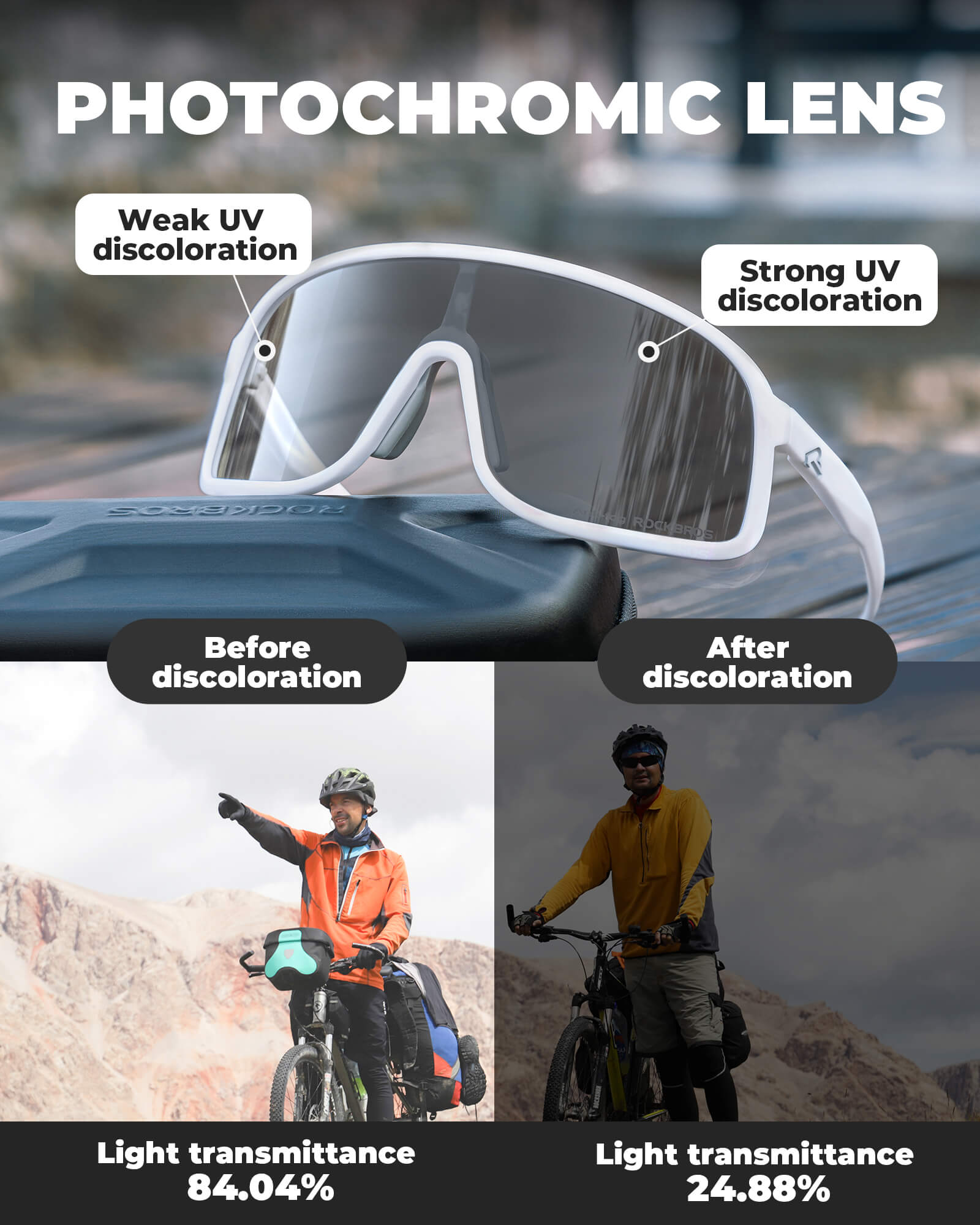 ROCKBROS Smart Photochromic Cycling Glasses with UV400 Protection and Anti-Fog Lenses
#Color_White