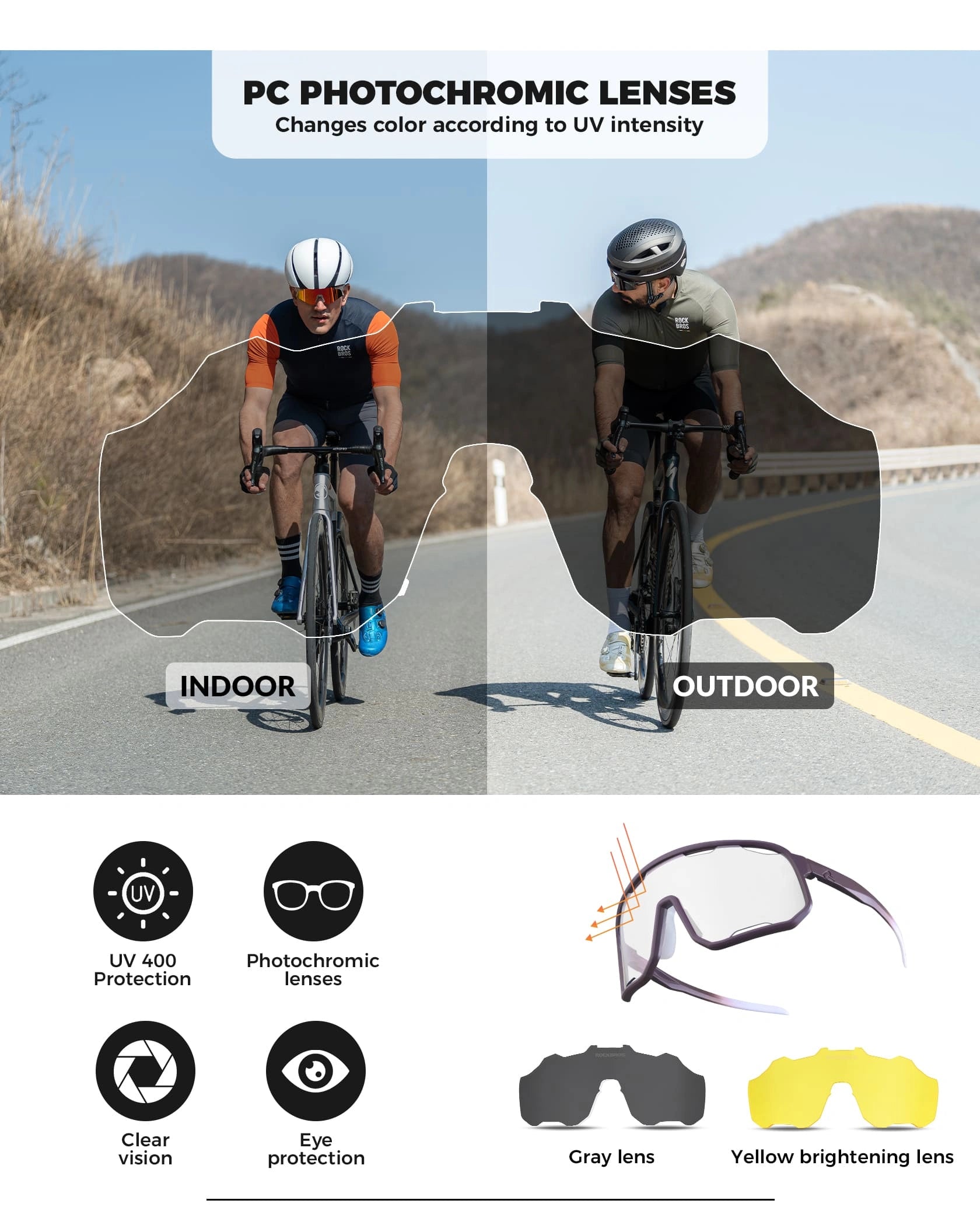 ROCKBROS Windproof Photochromic Cycling Sunglasses with UV400 Lenses and Lightweight TR90 Frame
#Color_Cardamom Purple / Clear Photochromic Anti-Fog