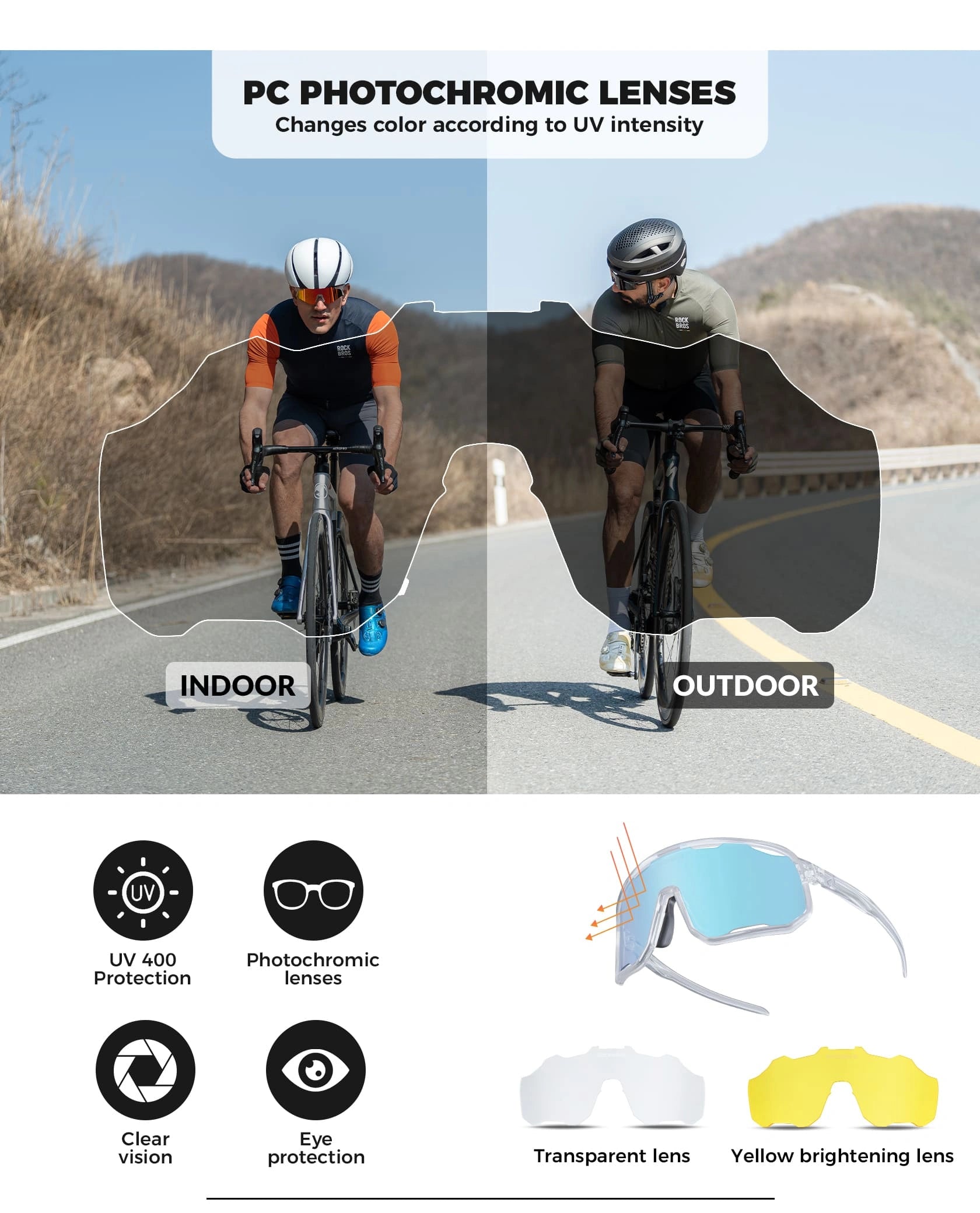 ROCKBROS Windproof Photochromic Cycling Sunglasses with UV400 Lenses and Lightweight TR90 Frame
#Color_Glossy Clear / White Ice Blue Photochromic