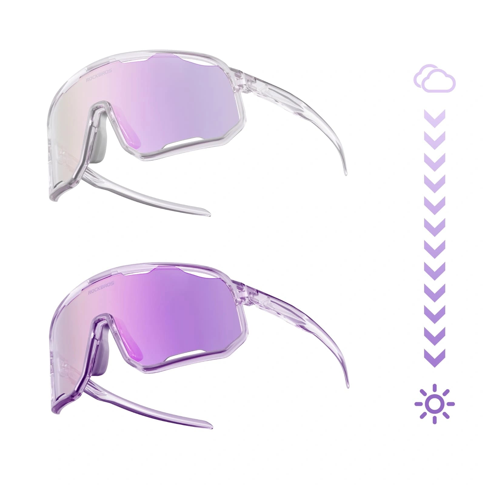 ROCKBROS Windproof Photochromic Cycling Sunglasses with UV400 Lenses and Lightweight TR90 Frame
#Color_Chameleon Purple / Full Purple Photochromic