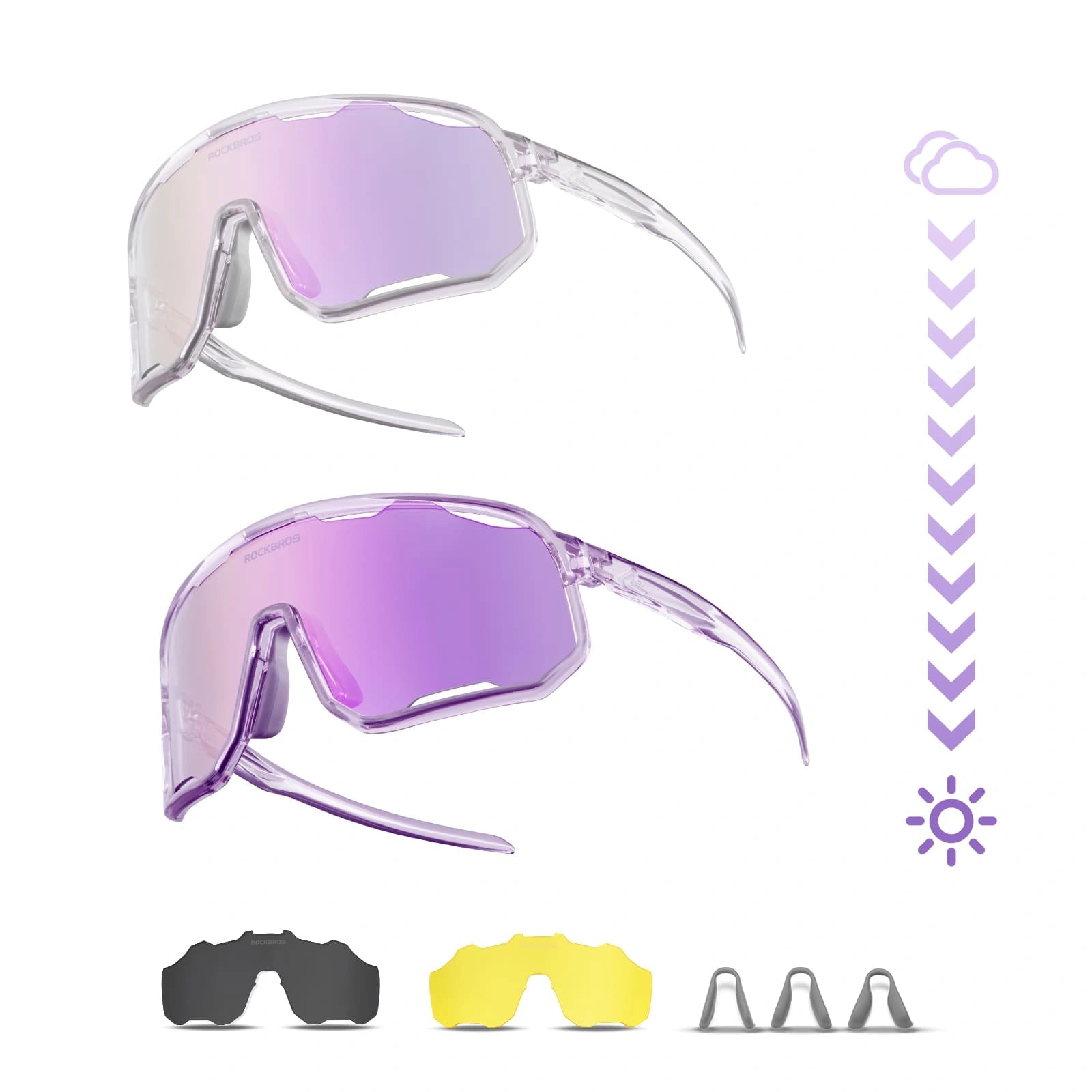 ROCKBROS Windproof Photochromic Cycling Sunglasses with UV400 Lenses and Lightweight TR90 Frame
#Color_Chameleon Purple / Full Purple Photochromic