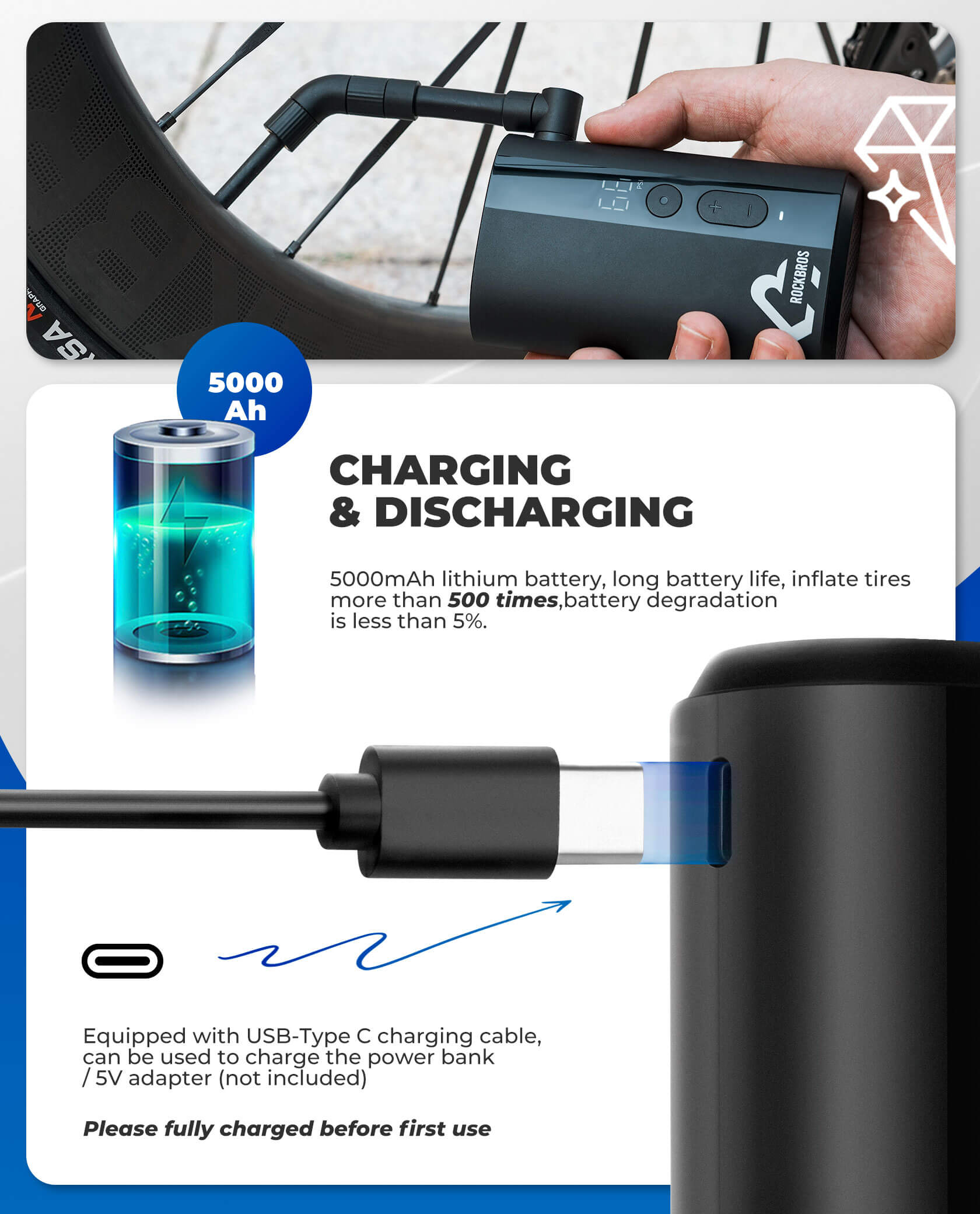 ROCKBROS Portable Electric Air Pump with 150 PSI, ideal for quick and efficient tire inflation.
