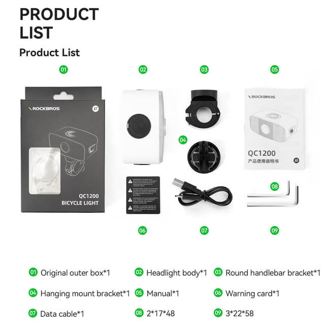 ROCKBROS QC1200LM rechargeable bike headlight with high-intensity 5050 20W LED.