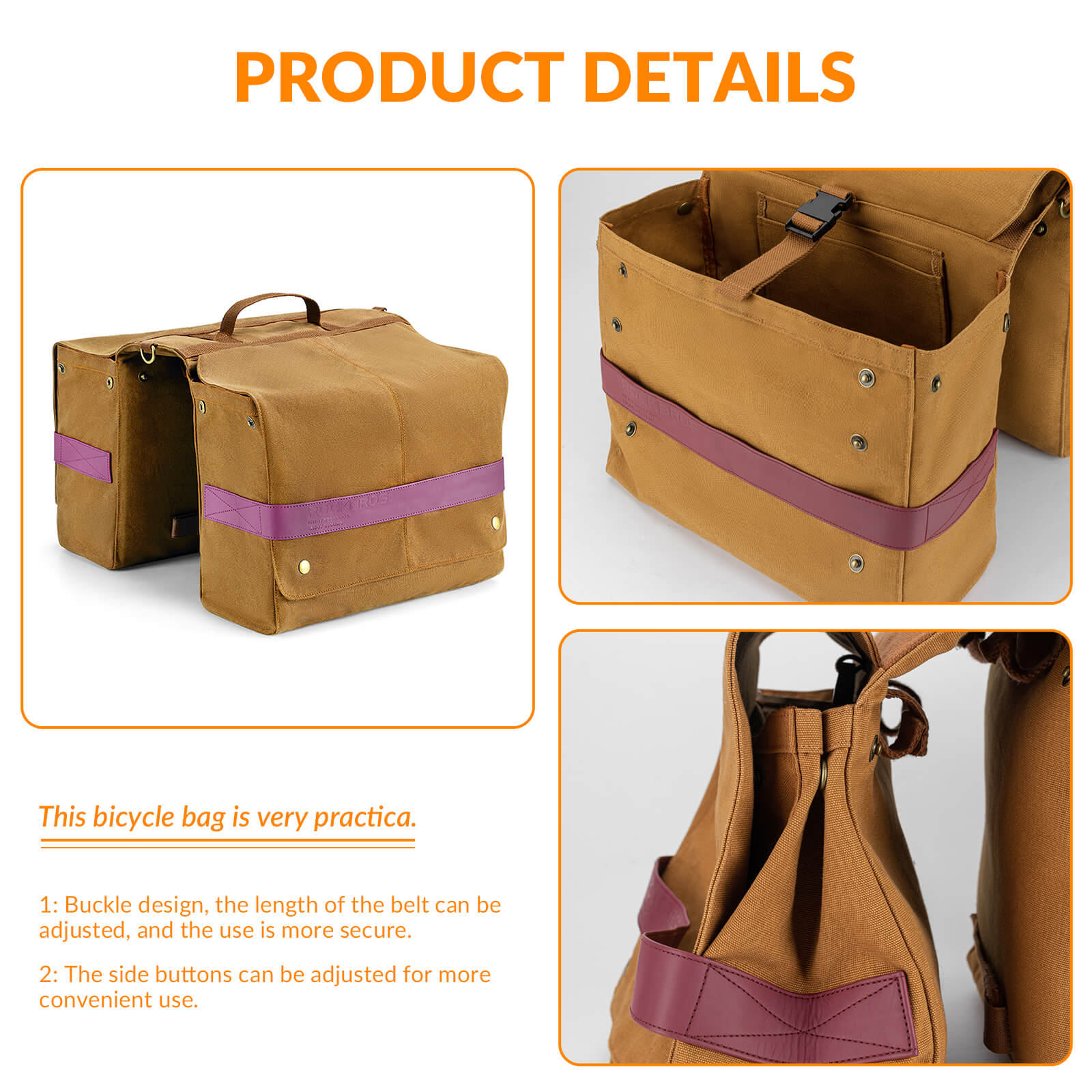 ROCKBROS retro bike pannier 27L close-up showing dual-bag design and durable Velcro straps