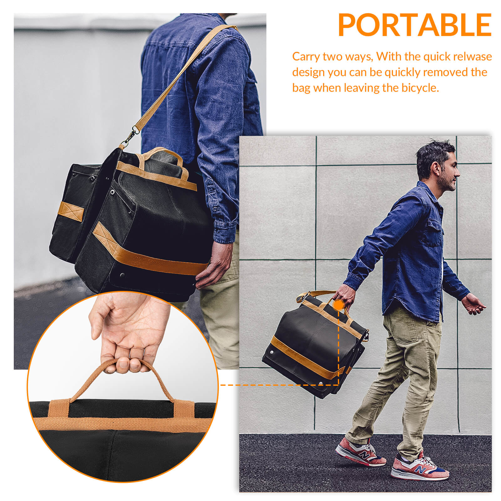 ROCKBROS retro bike pannier 27L close-up showing dual-bag design and durable Velcro straps