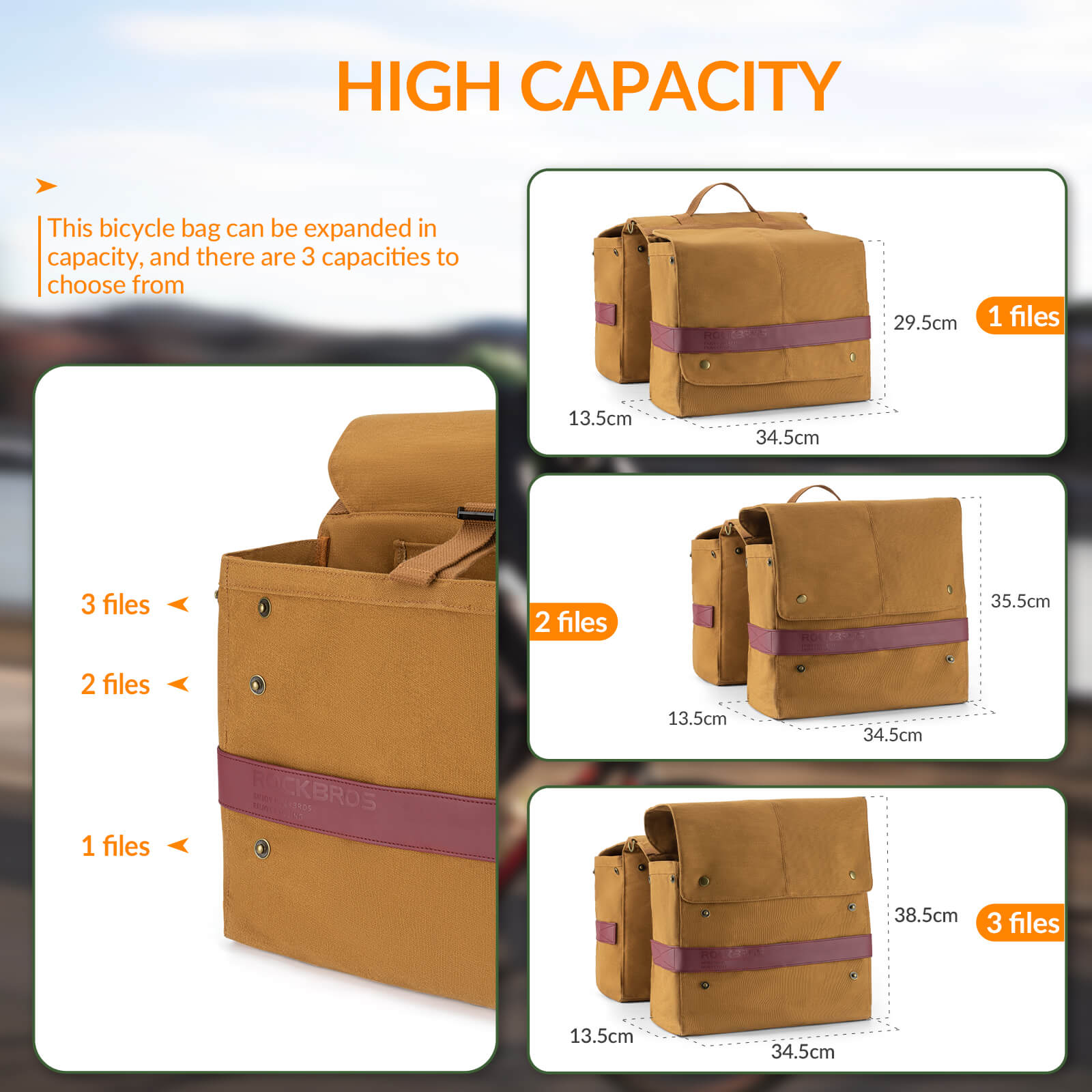 ROCKBROS retro bike pannier 27L front view showing expandable compartments and dual-bag
#Color_Brown