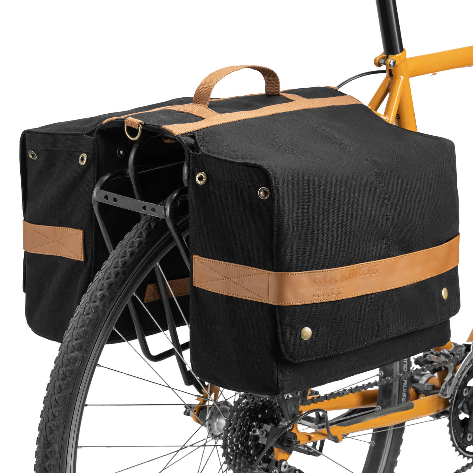 ROCKBROS retro bike pannier 27L front view showing expandable compartments and dual-bag
#Color_Black