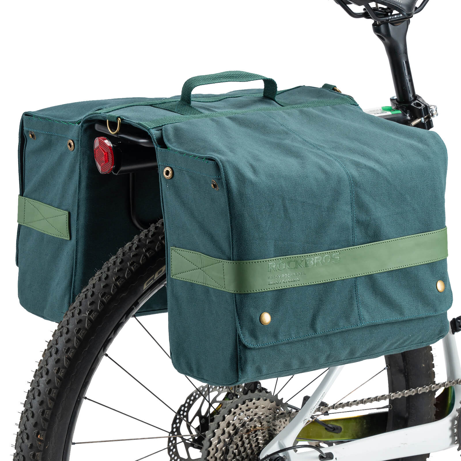 ROCKBROS retro bike pannier 27L front view showing expandable compartments and dual-bag
#Color_Green