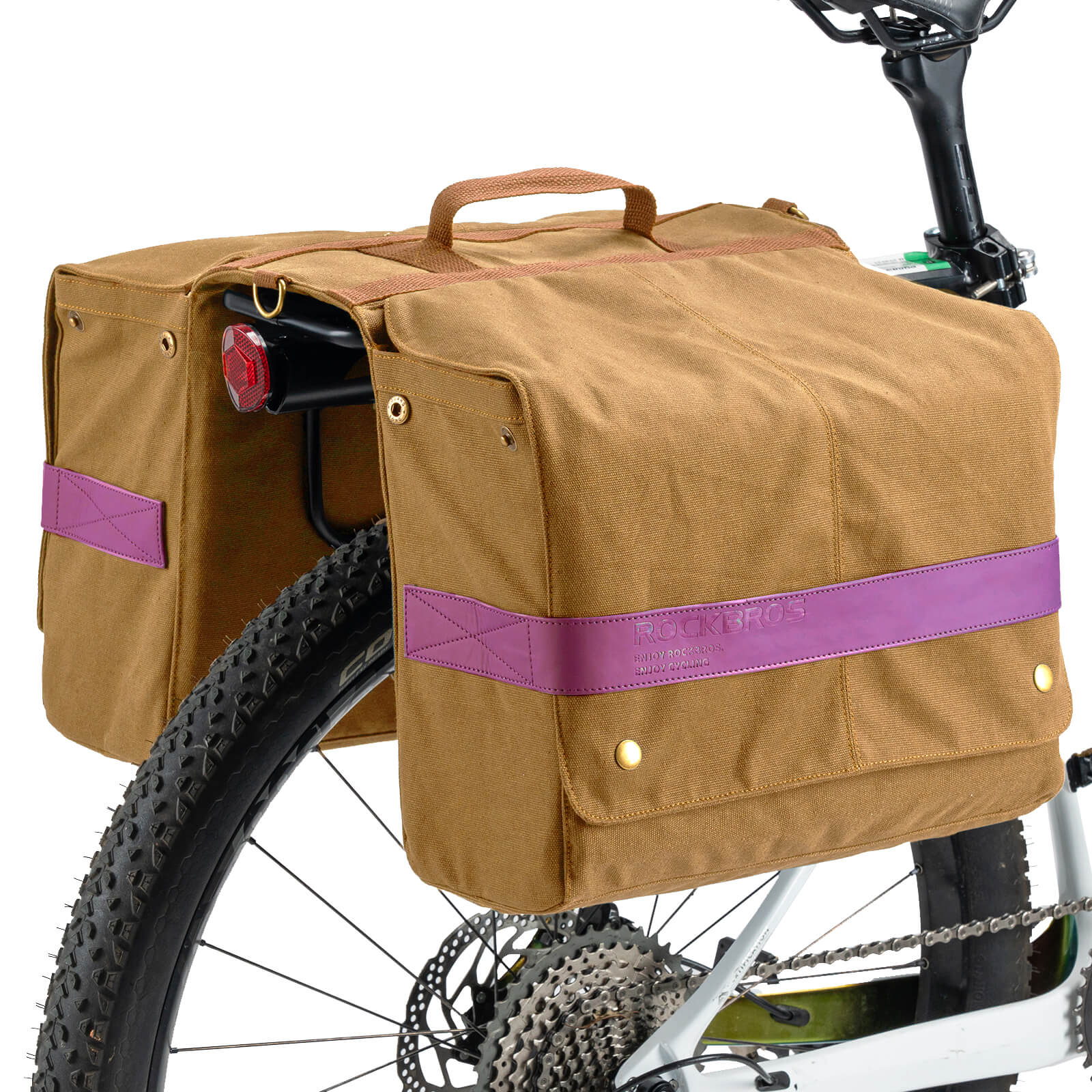 ROCKBROS retro bike pannier 27L front view showing expandable compartments and dual-bag
#Color_Brown