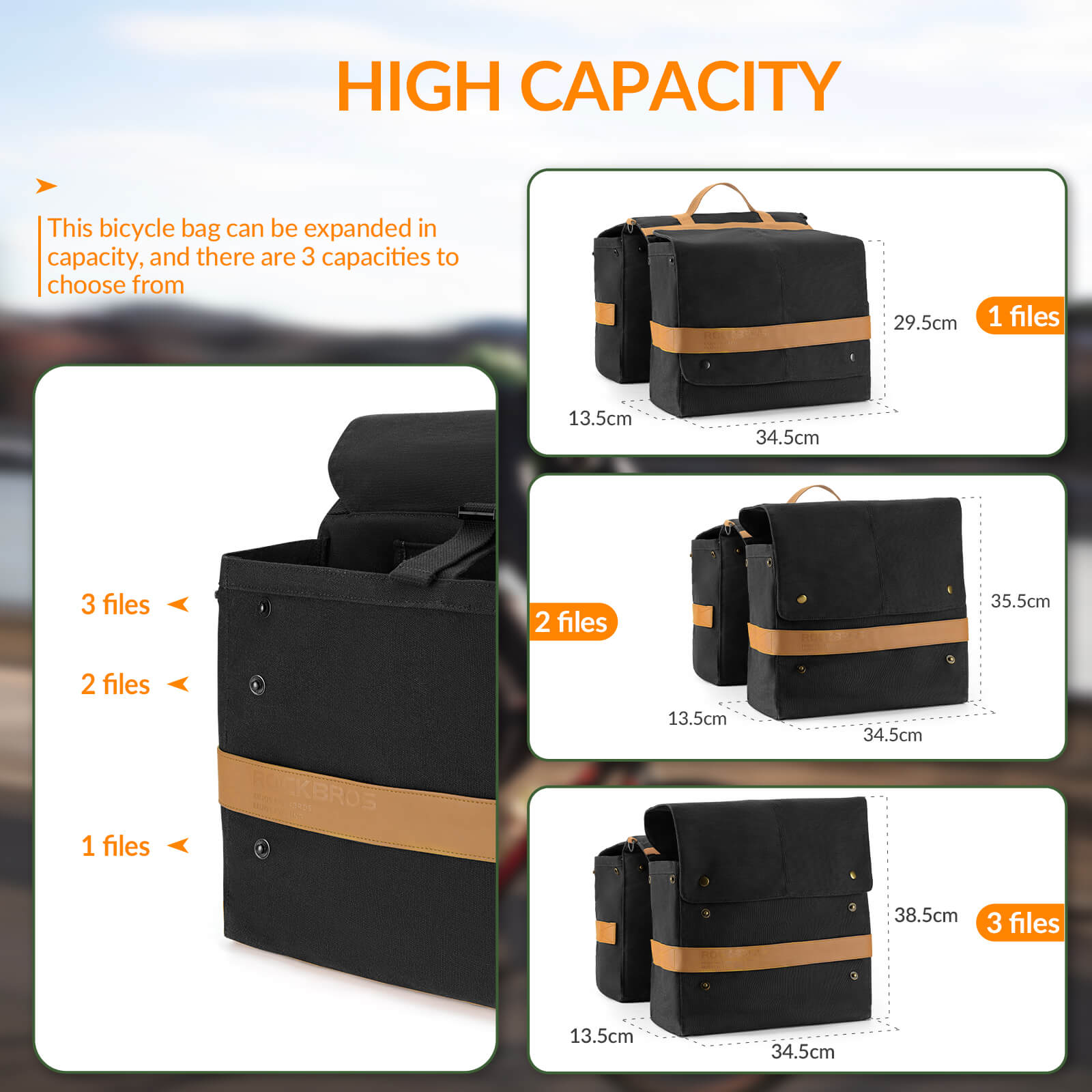 ROCKBROS retro bike pannier 27L front view showing expandable compartments and dual-bag
#Color_Black