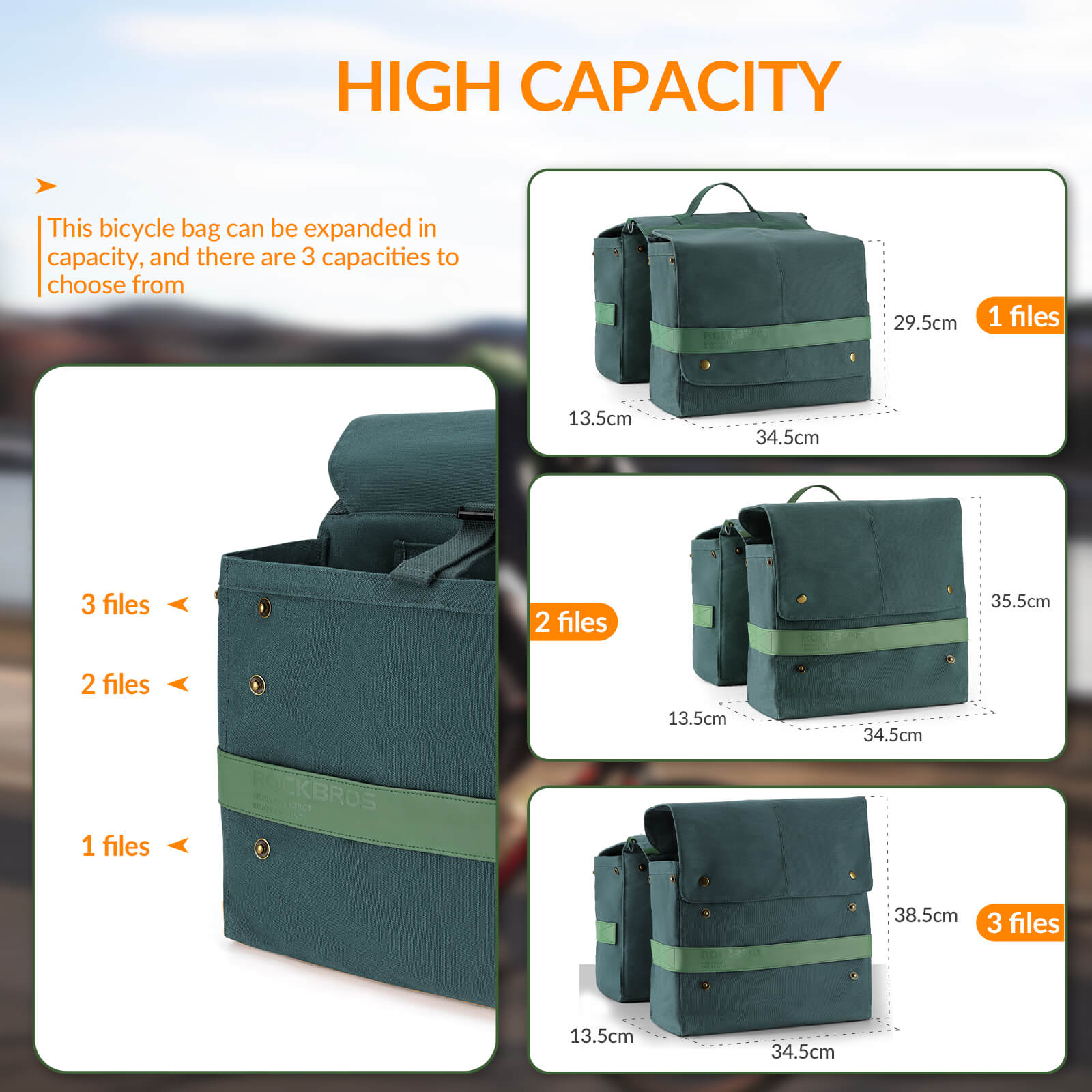 ROCKBROS retro bike pannier 27L front view showing expandable compartments and dual-bag
#Color_Green