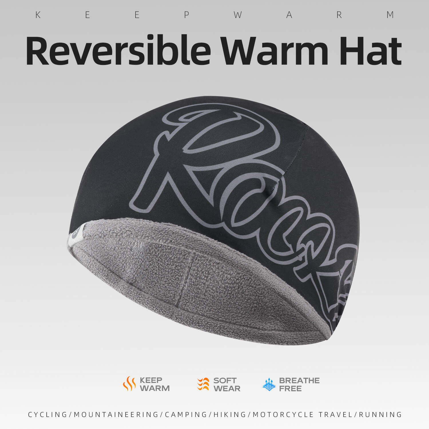ROCKBROS double-sided reversible cycling beanie showing both fleece and milk silk layers