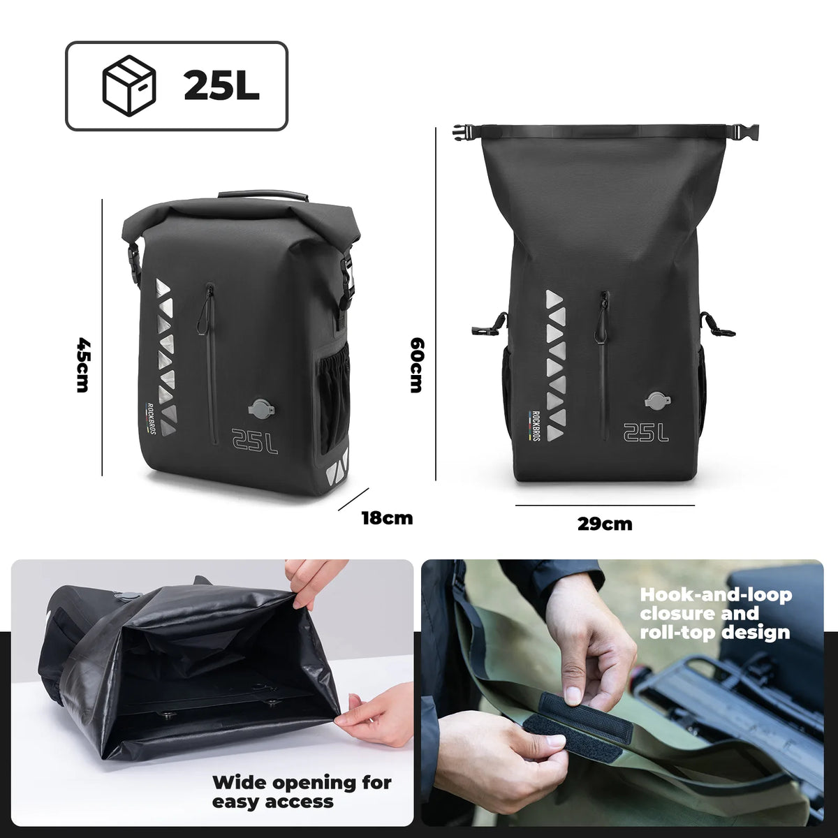 ROCKBROS 25L roll-top bike pannier holding commuting and touring essentials
