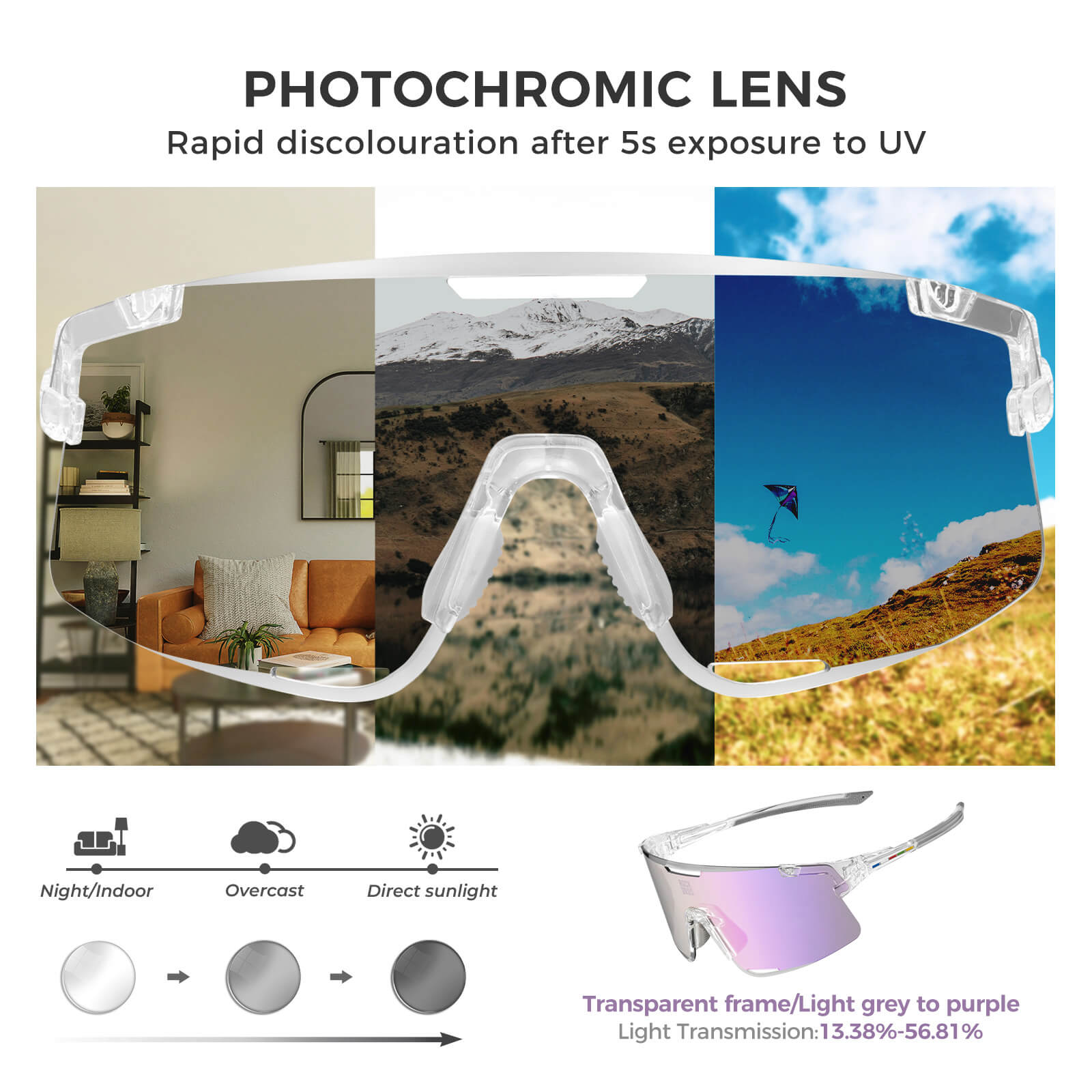 ROCKBROS ROAD-TO-SKY BOUNDLESS photochromic cycling glasses with photochromic lenses for adaptive light protection
#Color_Purple