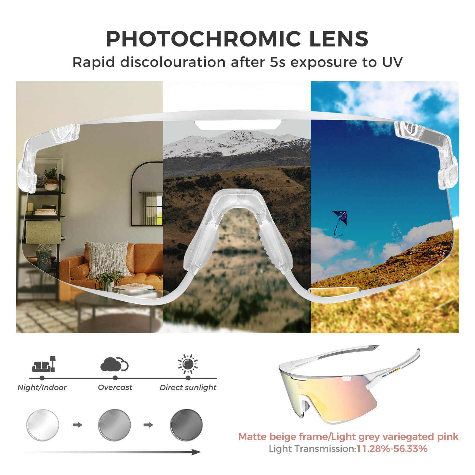 ROCKBROS ROAD-TO-SKY BOUNDLESS photochromic cycling glasses with photochromic lenses for adaptive light protection
#Color_White