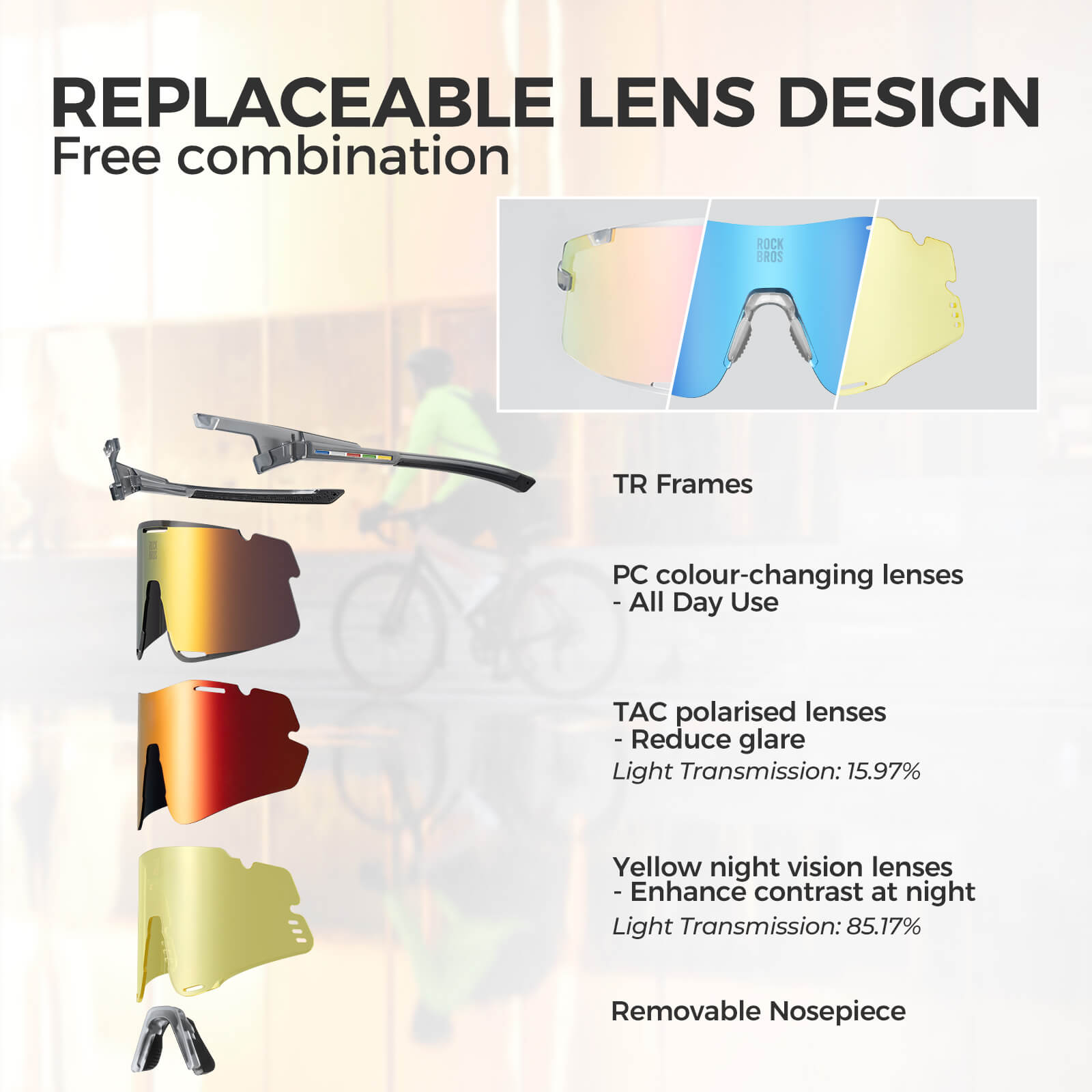 ROCKBROS ROAD-TO-SKY BOUNDLESS photochromic cycling glasses with photochromic lenses for adaptive light protection
#Color_White